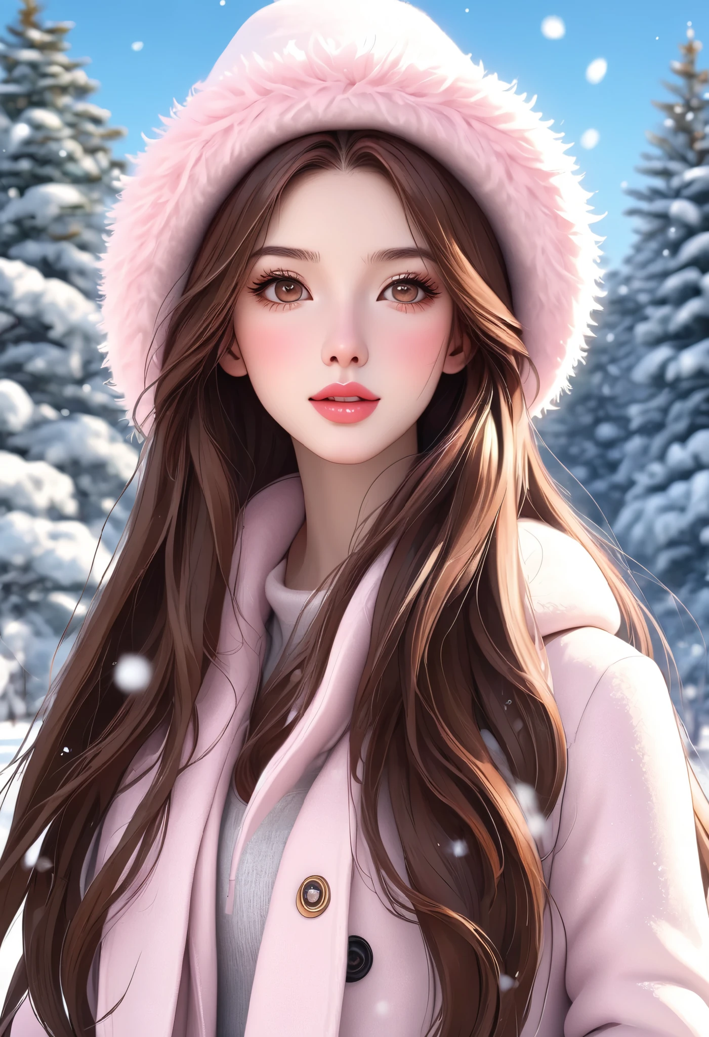 Girl, with long straight brown hair, brown eyes, sharp features, white skin, light pink lips, perfect, realistic high quality, winter clothes.