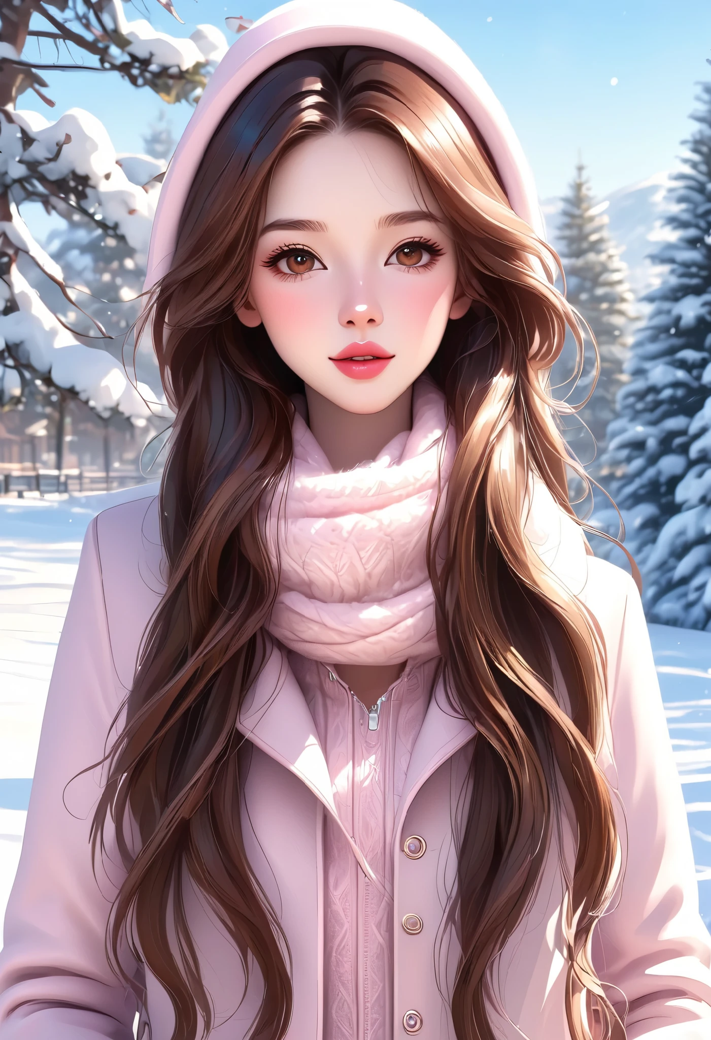 Girl, with long straight brown hair, brown eyes, sharp features, white skin, light pink lips, perfect, realistic high quality, winter clothes.