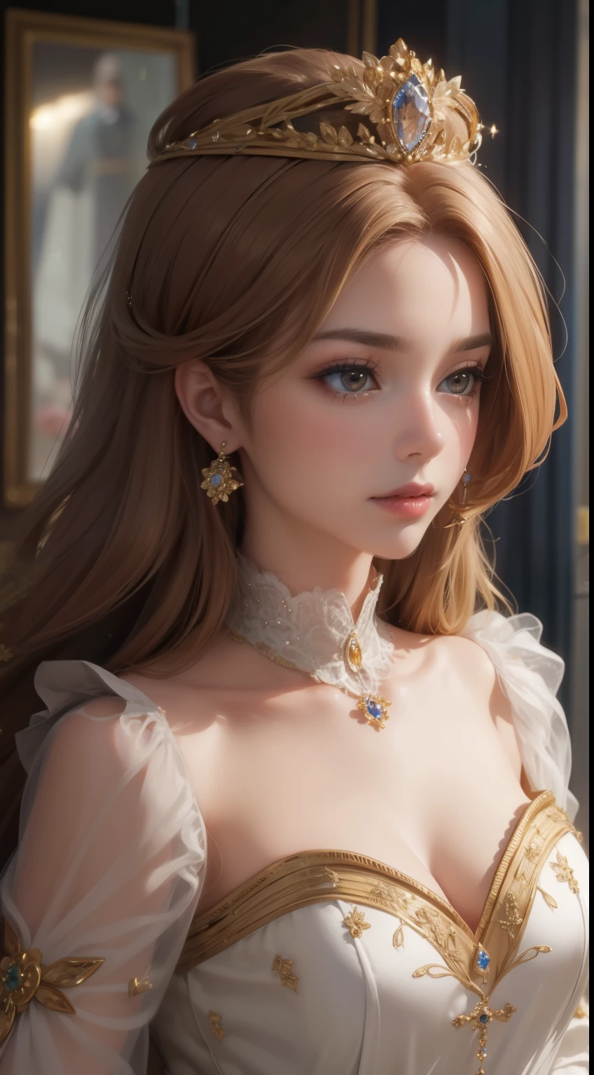tmasterpiece,Highest image quality,Beautiful bust of a royal lady,Delicate golden hair style,Embellished with brilliant and intricate floral jewelry,super detailing,upscaled。