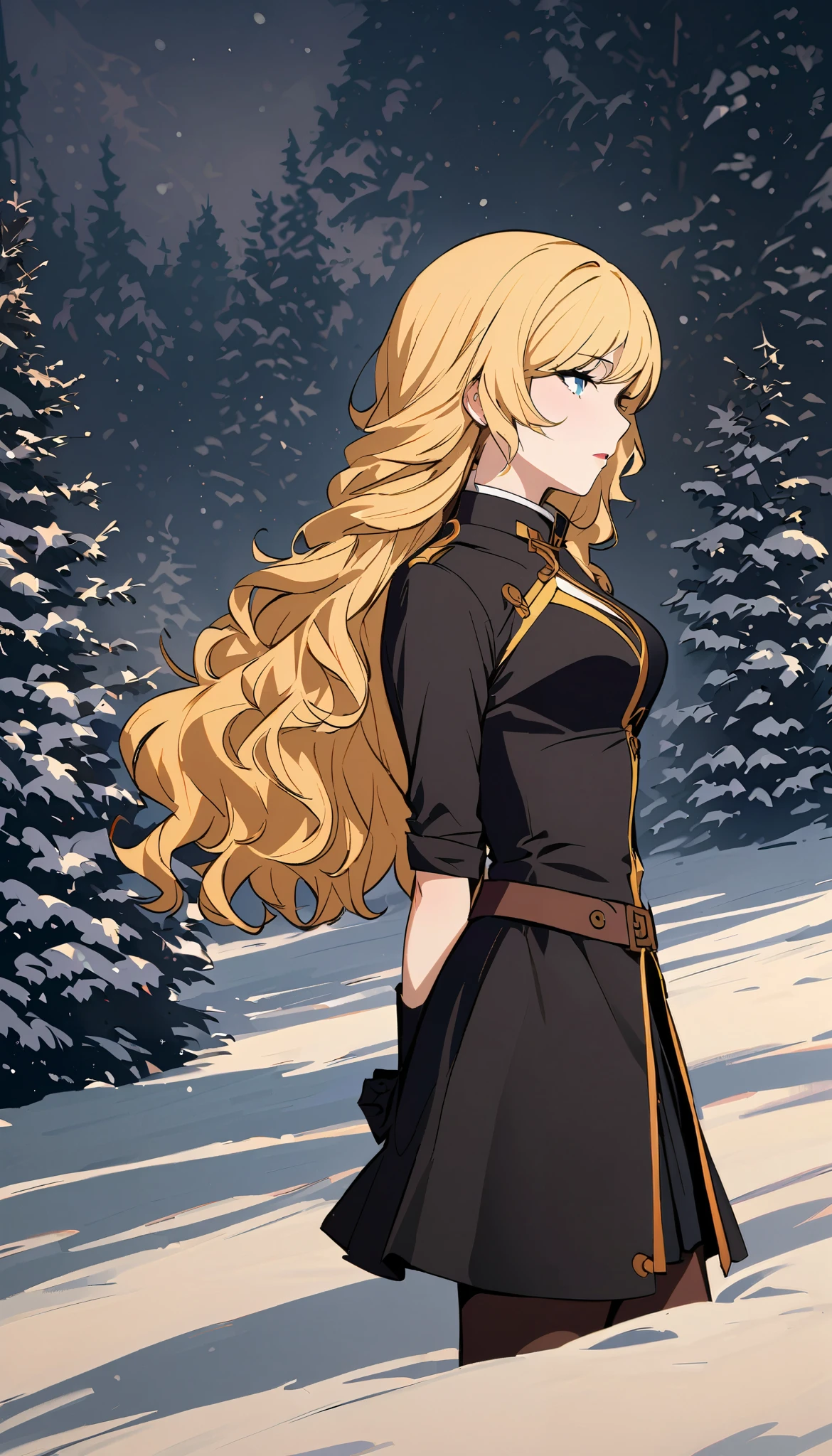 vintage movie, girl, wavy blonde hair, woman body, black top, black bodycon skirt, black boots, Contemplative. ((winter)), snow, cold yang xiao long from rwby