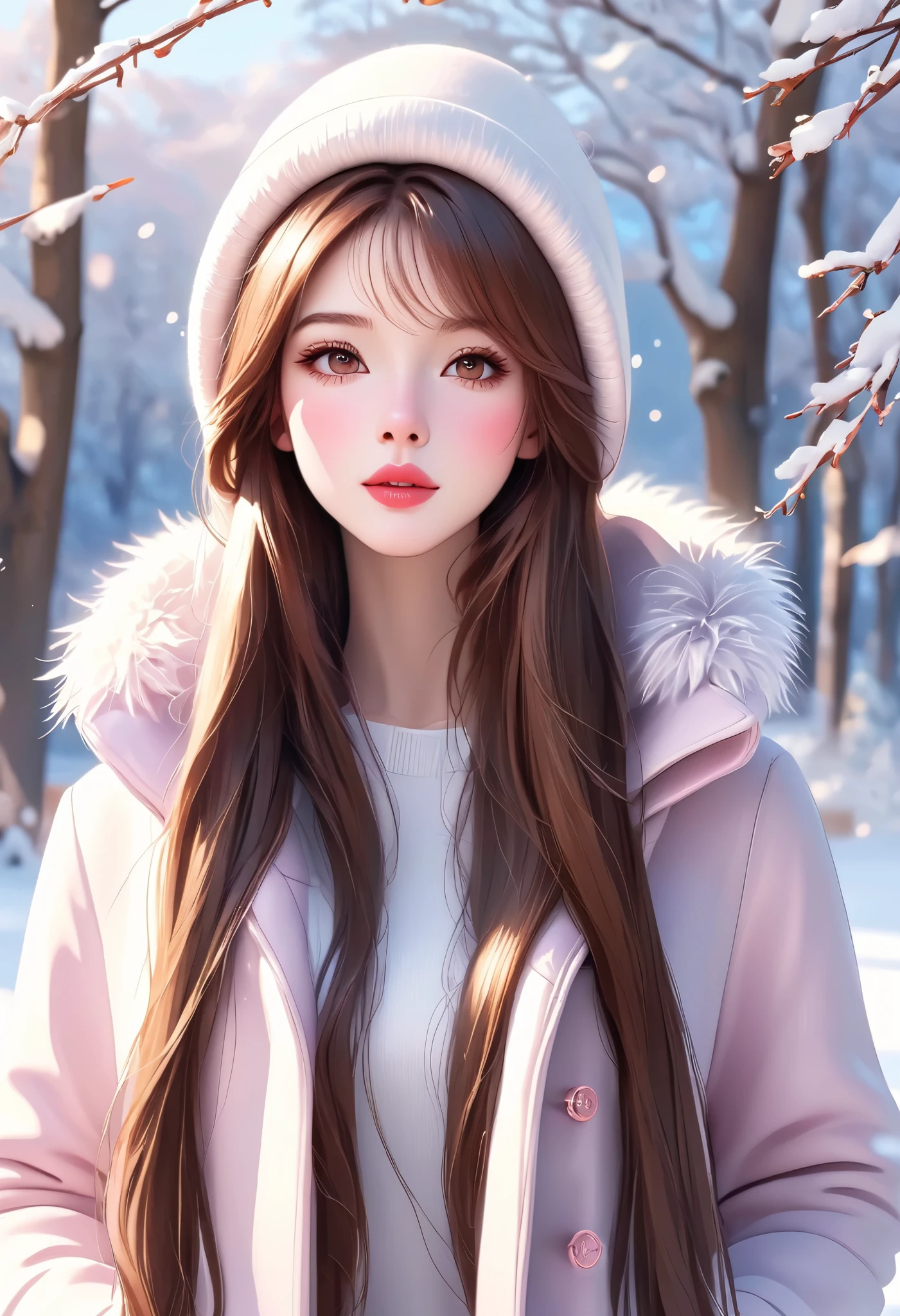 Girl, with long straight brown hair, brown eyes, sharp features, white skin, light pink lips, perfect, realistic high quality, winter clothes.