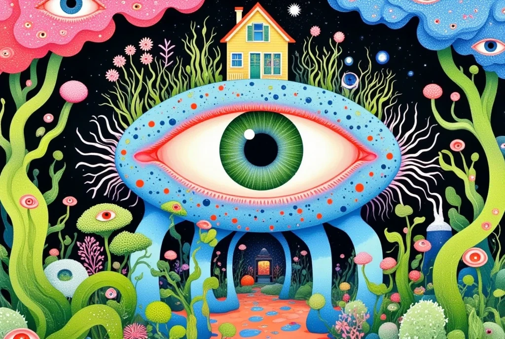 Psychedelic visual art，Colorful black，Strange illustration，Pointillism method，Trypophobia，House on top of a tree，Eye，unrealistic，Strong visual impact，black background，Star