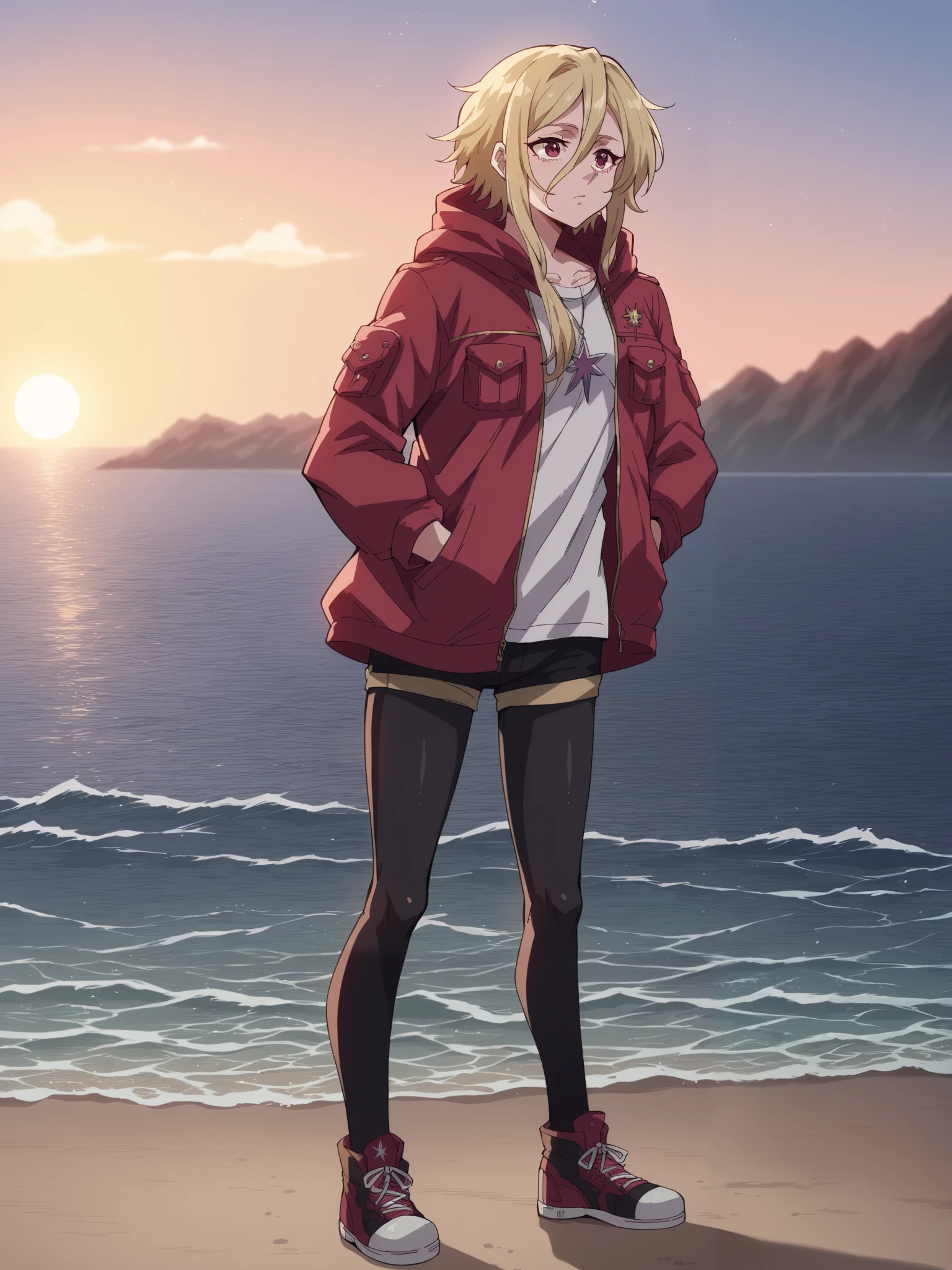 score_9, score_8_up, score_7_up, score_6_up, score_5_up,
 1maiden, One
Blonde ,  light gold hair to shoulder blades  , bangs on the forehead,  hair between eyes ,  crimson eyes , Dark pink eyes,  short warm hooded jacket ,  short warm shorts ,  warm tights ,  high black knee-length sneakers with laces.  hands in pockets .  stands on the seashore , Sunset, twilight. sea, Waves,  stars 