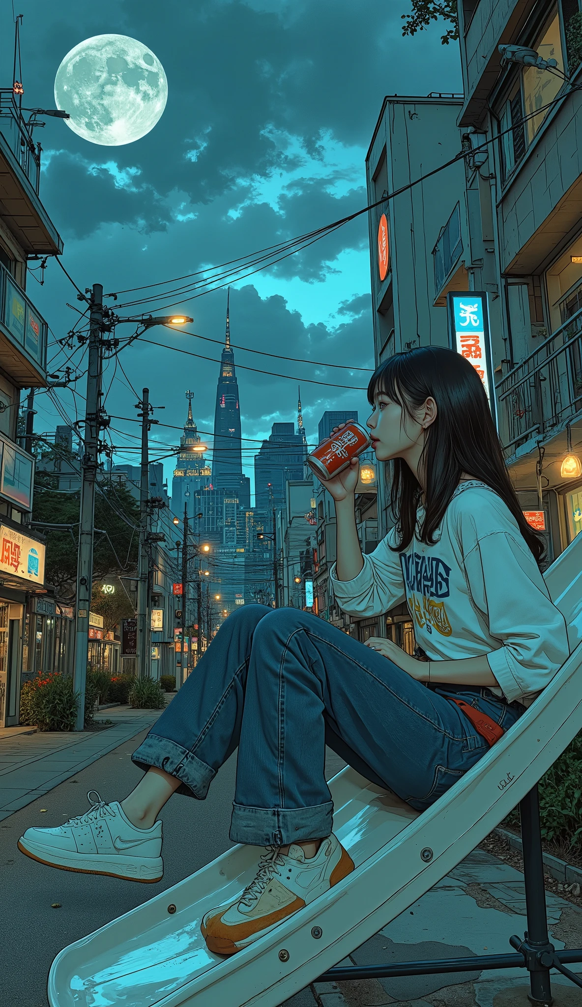 Surrealism , Artwork, 8K quality, Girl drinking Coca-Cola, The moonlit city of Tokyo, Girl sitting with open legs on a park slide, jeans, white sneakers,