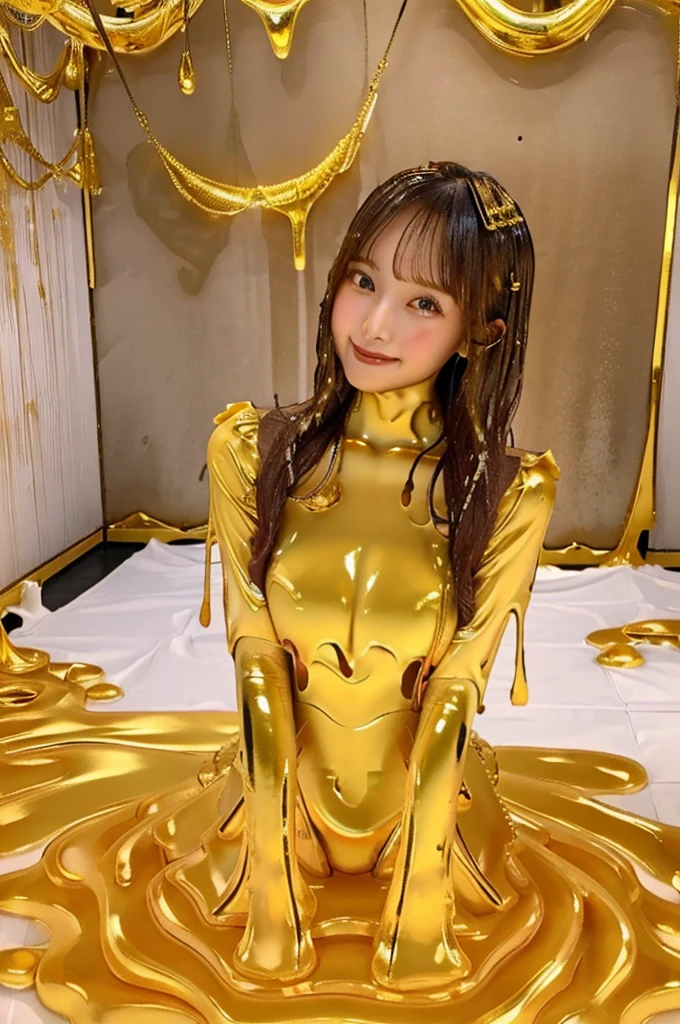 full body portrait, 8K quality, masterpiece, live action, real human emotions, realistic skin texture, natural skin, inside the dungeon, cobblestone, (Golden slime sticks to the body irregularly.: 1.3), gravity a little sagging breasts, Medium-sized, well-shaped breasts, toned body, firm belly, slim waist, (place your hand between your thighs: 1.3), (I can&#39;t see my hands: 1.5), bondage, long black smooth straight hair, bangs, Japanese woman obsessed with slime that melts her clothes, spread your legs, (Melted dress with a glossy feel and holes), (Melted dress), cinematic lighting,