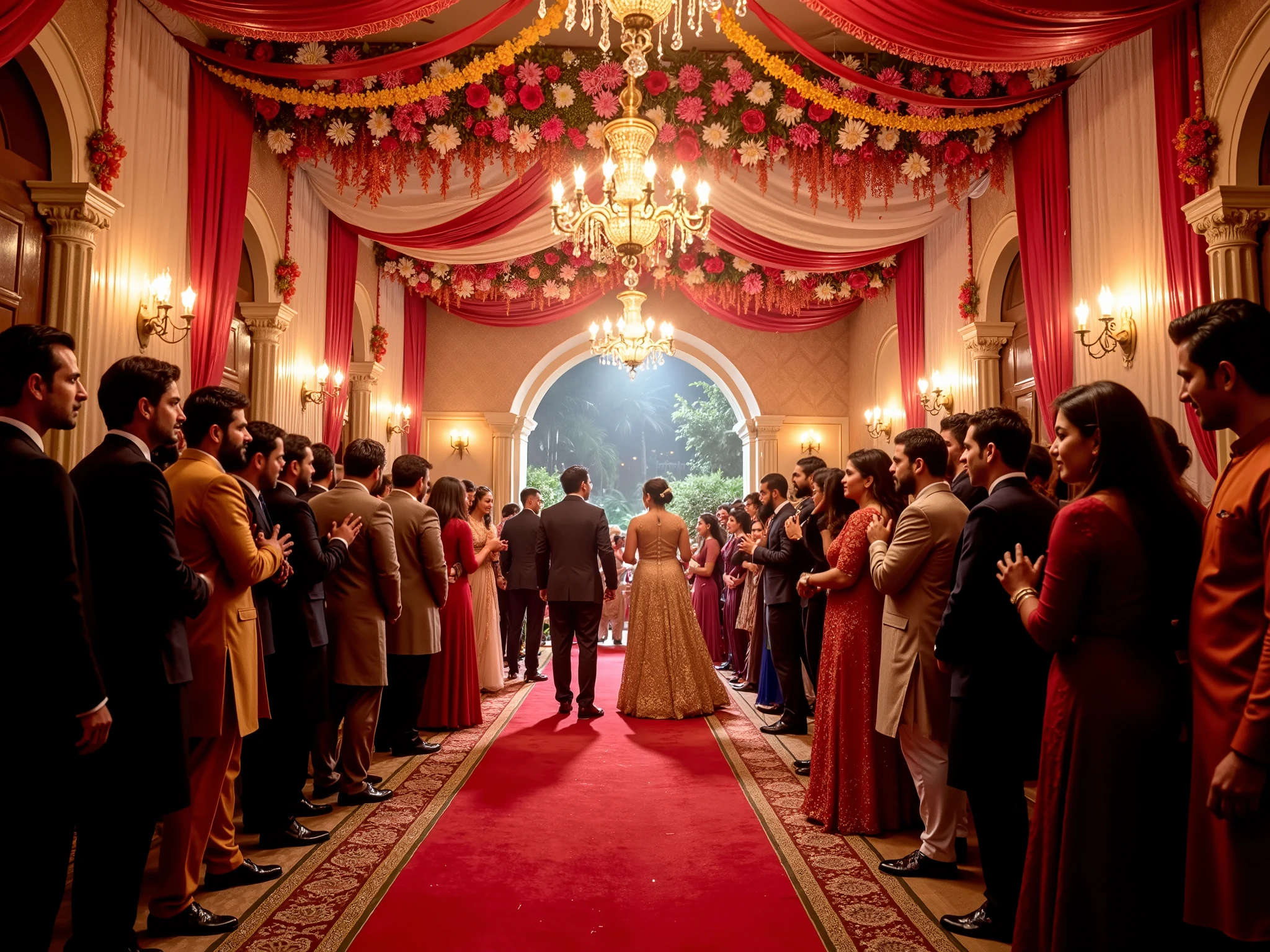 Photorealistic night scene of a vibrant Pakistani wedding entrance hall with colorful floral decorations, opulent draped fabrics, and a red carpet leading to a grand doorway. A decent amount of crowd of guests including small s in traditional attire (sherwanis, lehengas, and formal coats) are standing closely, laughing, taking pictures and with their hyper-realistic faces toward the POV camera as if intensely observing or waiting for the person entering. Their expressions range from curious to welcoming, with HDR lighting capturing every detail of their faces and attire. The atmosphere is vibrant and slightly overwhelming