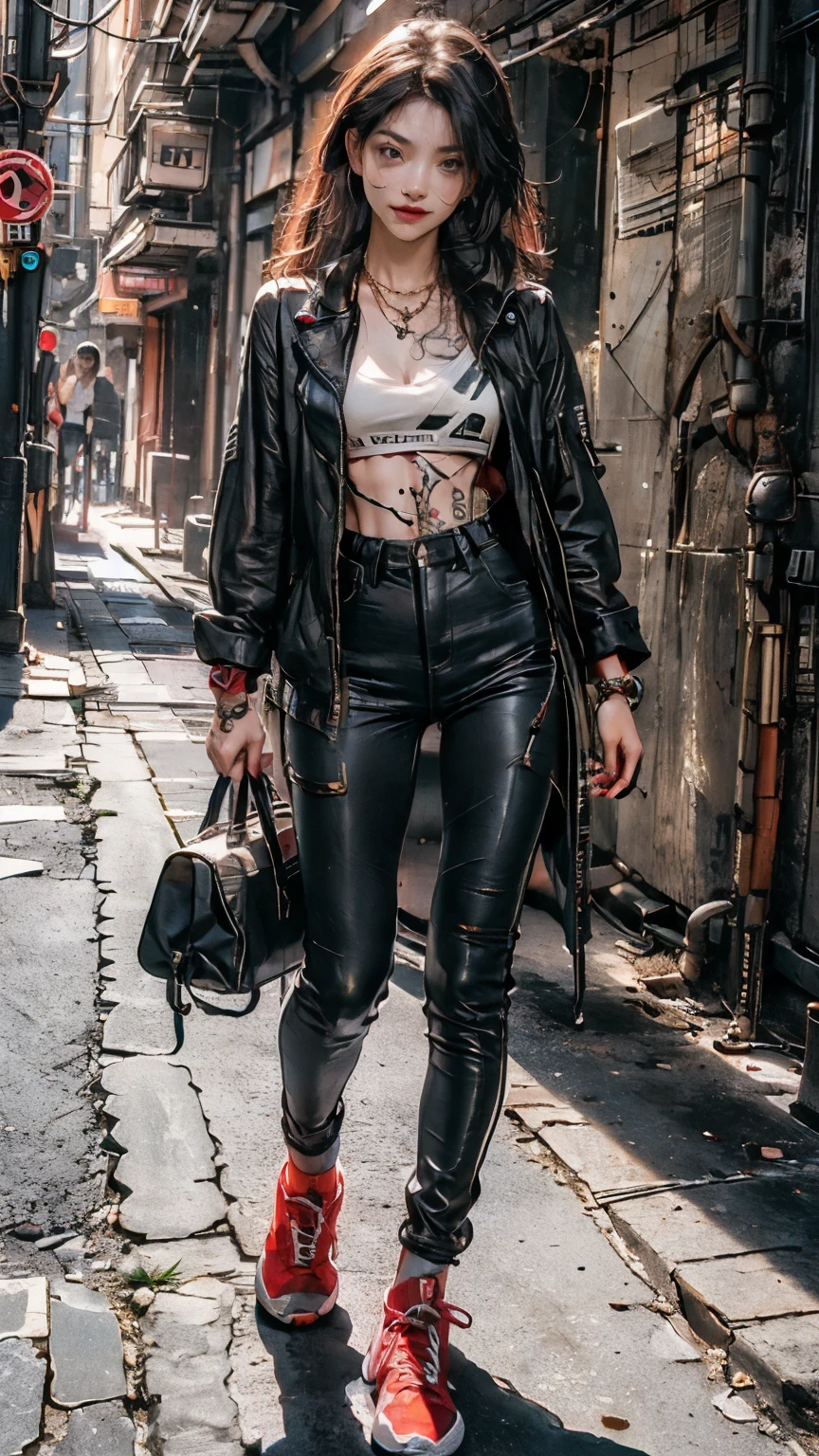russian milf woman, grey hair (bouffant, top bun) and oversized square sunglasses and wide colourful bandana as headband, with very light green eyes, extremely pale. Big lips. Black lace push up bra, silicone breast,, tight skinny black low rise leather jeans. Wears cropped moto jacket.Flip flops. Lots of thick wide studded bracelets, chain collars and big rings,. Two loose studded belts,. Long earrings with chains and feathers. Standing up on the street, stretching her neck and looking up in surprise, craving., Mouth half open. Neck, chest, stomach and wrists heavily tattoed. Toned abdominals, thin neck, slim legs and thin arms. Narrow hips. Full body. Studded black leather tote bag hanging low from her shoulder. At a long narrow corridor with natural light. Full body