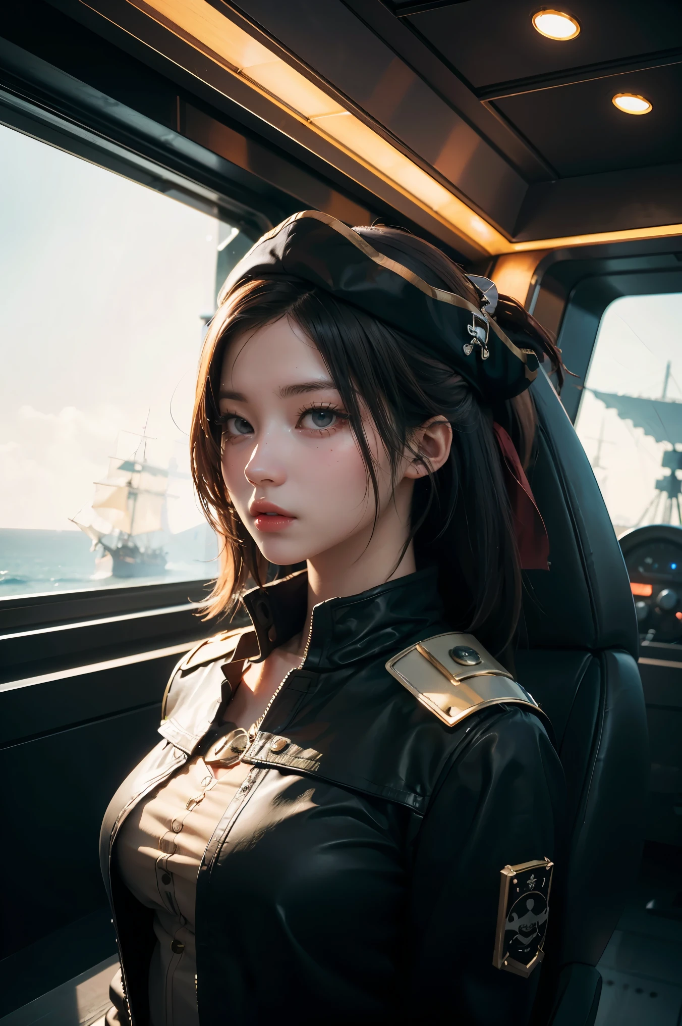 1girl as a pirate captain, detailed pirate costume, pirate ship, space battleship, futuristic technology, detailed mechanical parts, dramatic lighting, cinematic composition, photorealistic, intricate details, hyper realistic, hyper detailed, 8k, HDR, highly detailed, masterpiece, digital art