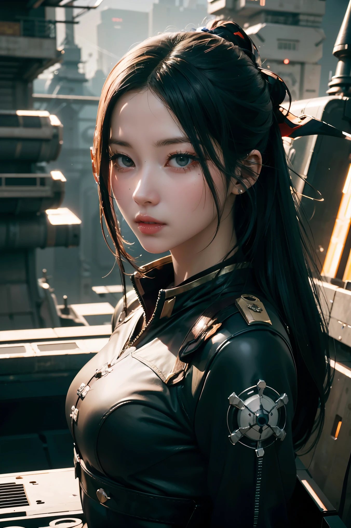1girl as a pirate captain, detailed pirate costume, pirate ship, space battleship, futuristic technology, detailed mechanical parts, dramatic lighting, cinematic composition, photorealistic, intricate details, hyper realistic, hyper detailed, 8k, HDR, highly detailed, masterpiece, digital art