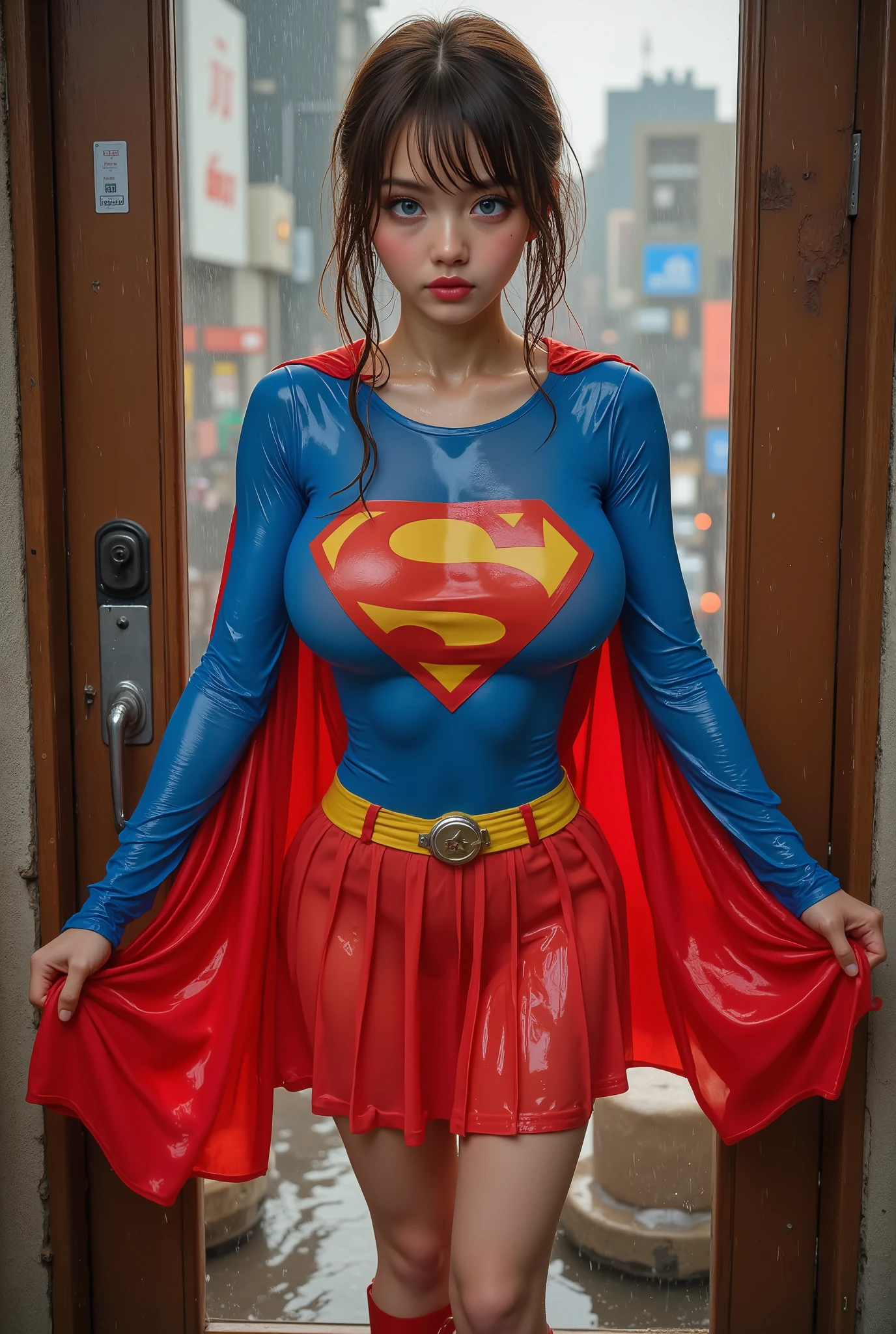 JAPANESE GIRL. A SPICEY RAINING SCENE WHERE A SEXY BLUE EYED MATURE JAPANESE ANIME GIRL IS WEARING A 1980 BLUE LATEX SUPERGIRL COSTUME, COMPLETE WITH A RED PLEATED SKIRT, YELLOW SUPERGIRL BELT, RED SUPERGIRL BOOTS AND A RED CAPE. LARGE "S" EMBLEM ON HER COSTUME. ANIME BODY AND SKIN. UNDER SKIRT VIEW. 4K, 8K PHOTO REALSITIC, INTRECATE DETAILS. LONG RED SUPERGIRL CAPE SOAKING WET SKIN. WET HAIR. TRANSLUCENT CLOTHES. SOAKING WET FROM THE RAIN STANDING AT YOUR FRONT DOOR POUTING. COMPLETELY SOAKED AND WET.