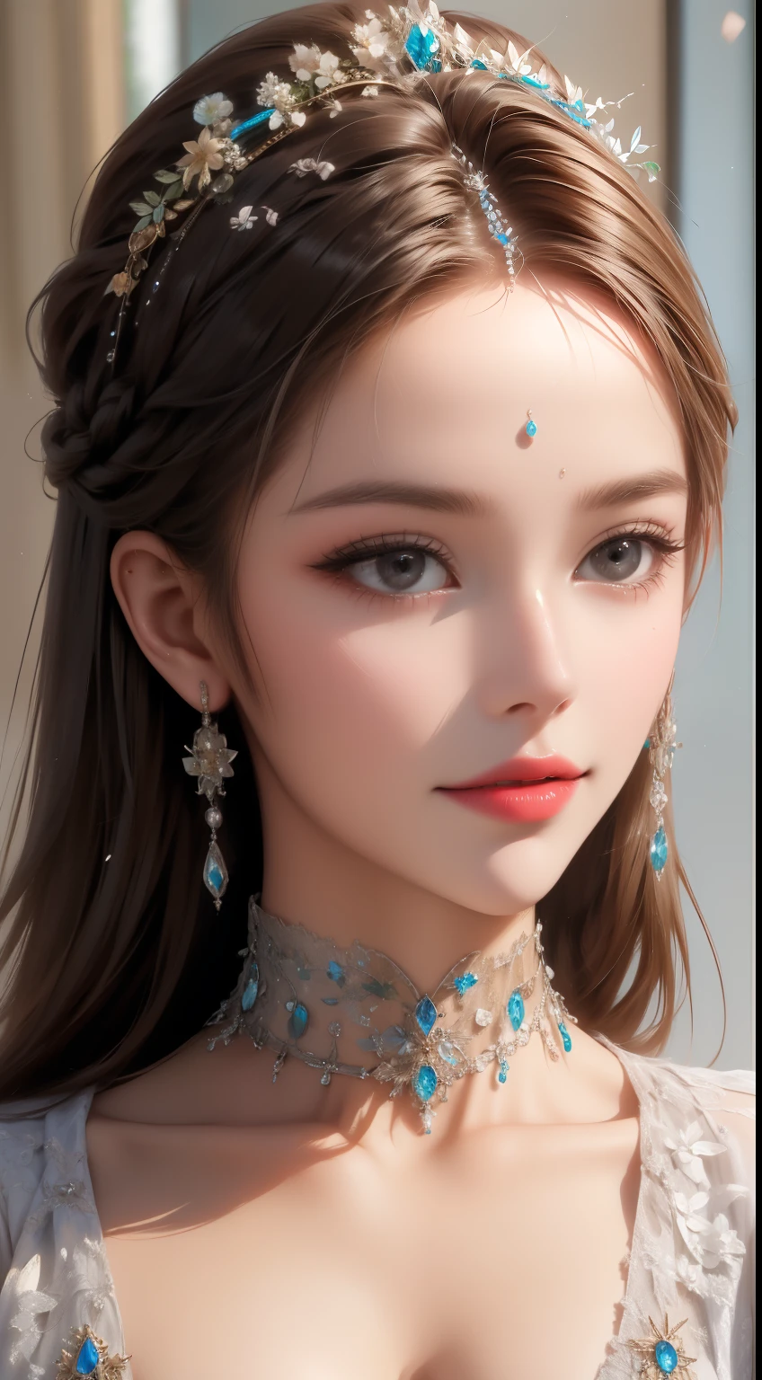 (Ultra-high quality masterpiece,Beautiful bust of an 18-year-old noble girl,Classical braids,The eyes are shiny and clear,Floral craftsmanship,Crystal jewelry,Ultra-fine details,Soft lighting)