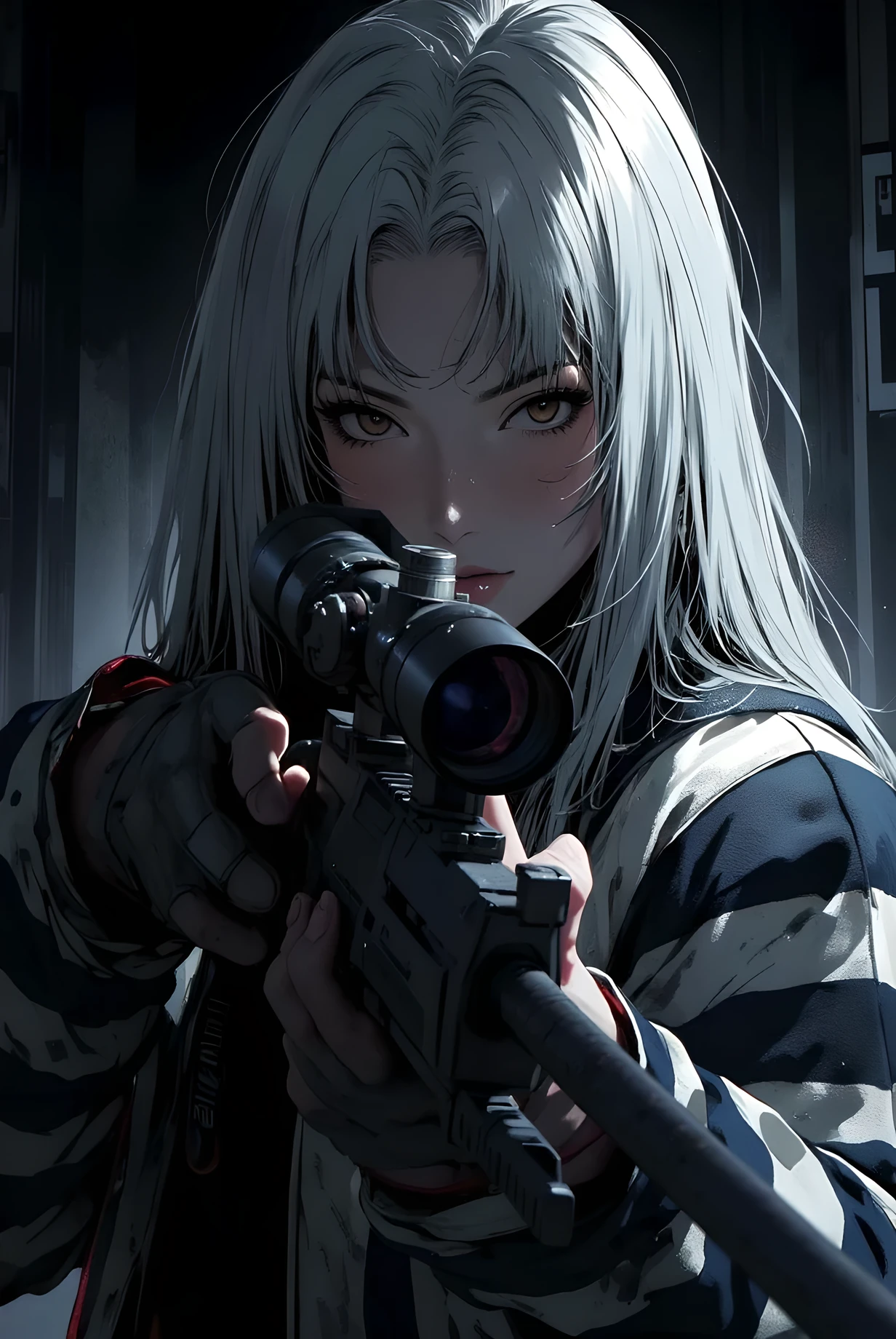 female,Silver hair, white long hair , Sniper , convict, brown eyes, dark background, Pointing Gun, striped clothes, Wearing a red hood, red hoodie