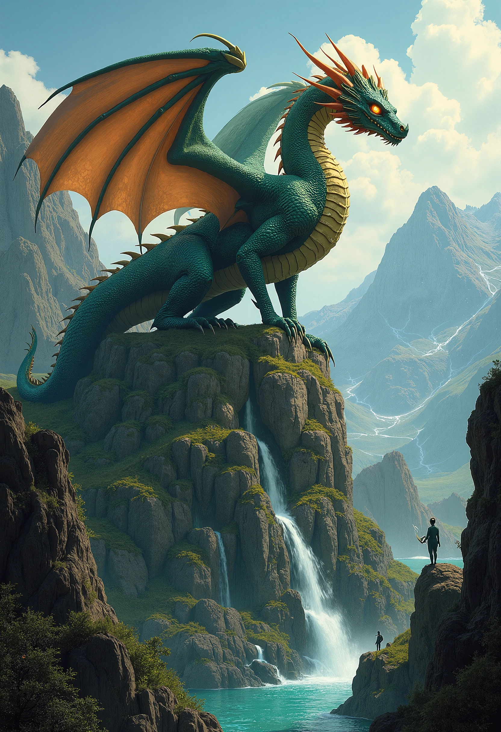 Imagine a majestic dragon perched atop a rugged mountain peak, its scales shimmering in hues of emerald and gold. The dragon's wings are spread wide, catching the light of a setting sun, casting dramatic shadows across the rocky landscape. Its eyes, wise and fierce, survey the valley below, where a small village lies nestled among lush forests.