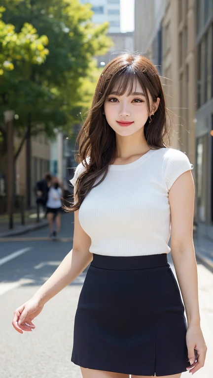 masutepiece, Best Quality, Photorealsitic,finely detail, hight resolution, 8K Wallpaper, Perfect dynamic composition,Beautiful detailed eyes,long Hair,huge breasts, Natural Color make,frill skirt,standing sexy poses,Smile,street,25 years old,curvy