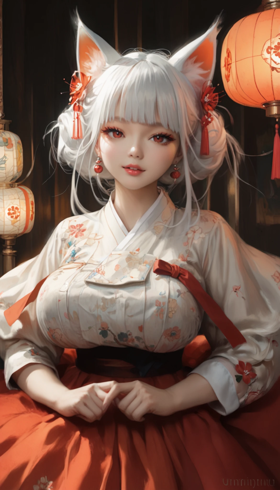 (masterpiece, top quality :1.2), 1 woman , alone, Gumiho, 여자 Gumiho, Korean girl, Fox ears, fox tail , Hanbok, White hair, Joseon dynasty houses, ( huge boobs :1.4), red eyes , lamplight