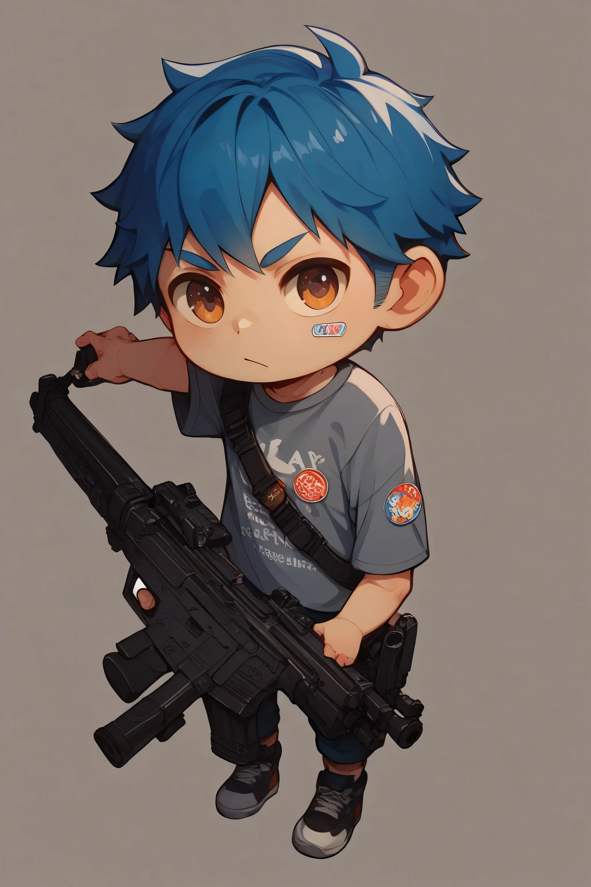chibi anime, one boy, simple illustration style, full-length, maintain a gun, blue hair,gray shirt, no outlines,batch style ,sticker style,character layout
