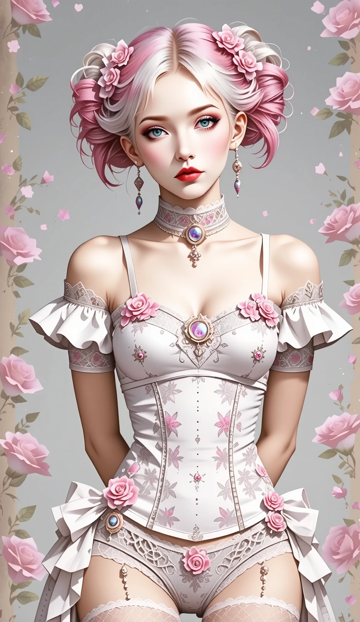 cute girl, breasts, big expressive eyes, cute face, soft skin, pink hair, pigtails, pink lace lingerie, bows, thigh highs, arms behind back,