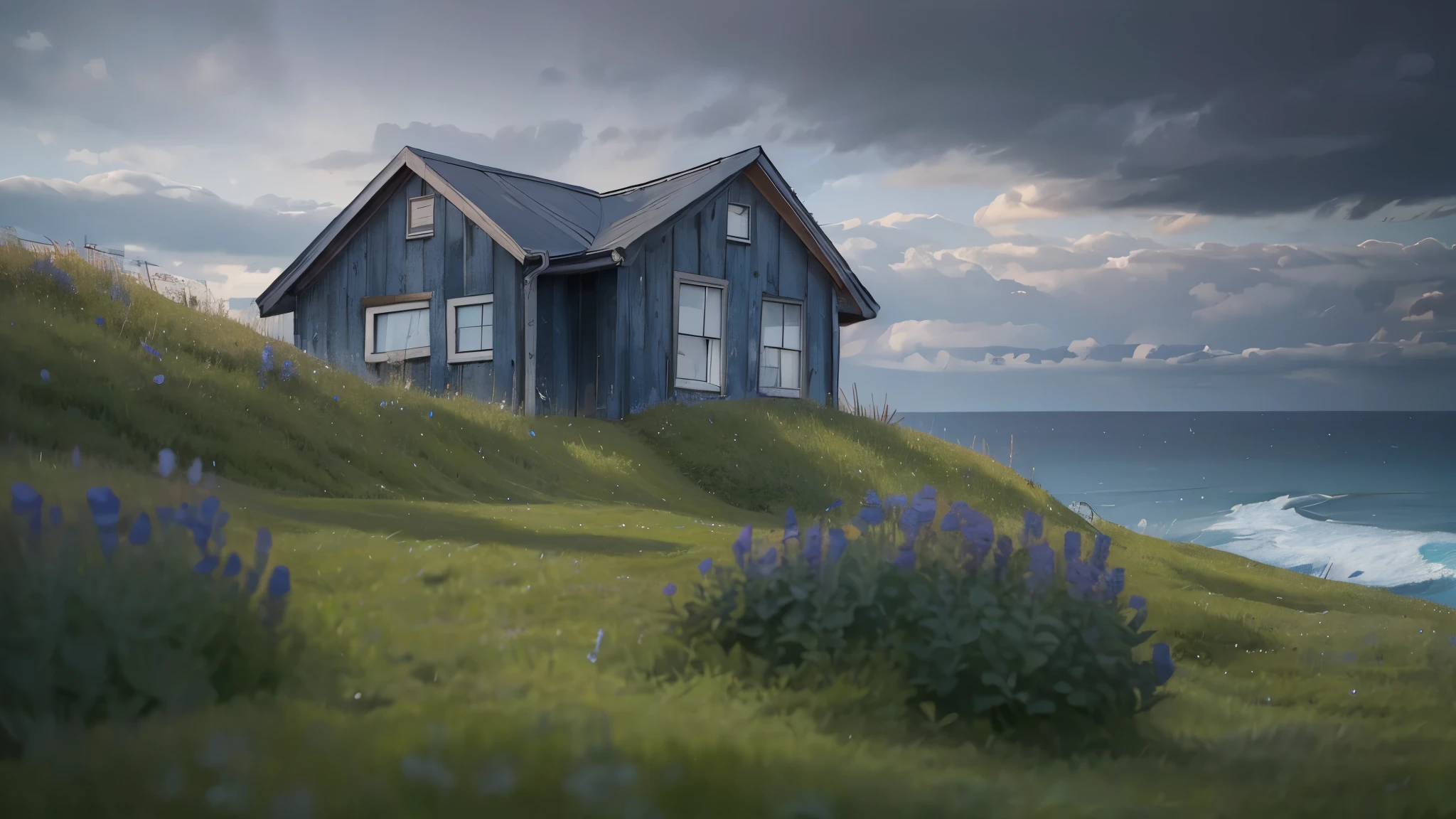Dreamcore, a purple house in the grass, with a ocean in the background ultra detailed, ultra hd, 8K, sharp, grain noise, film grain, strong colors