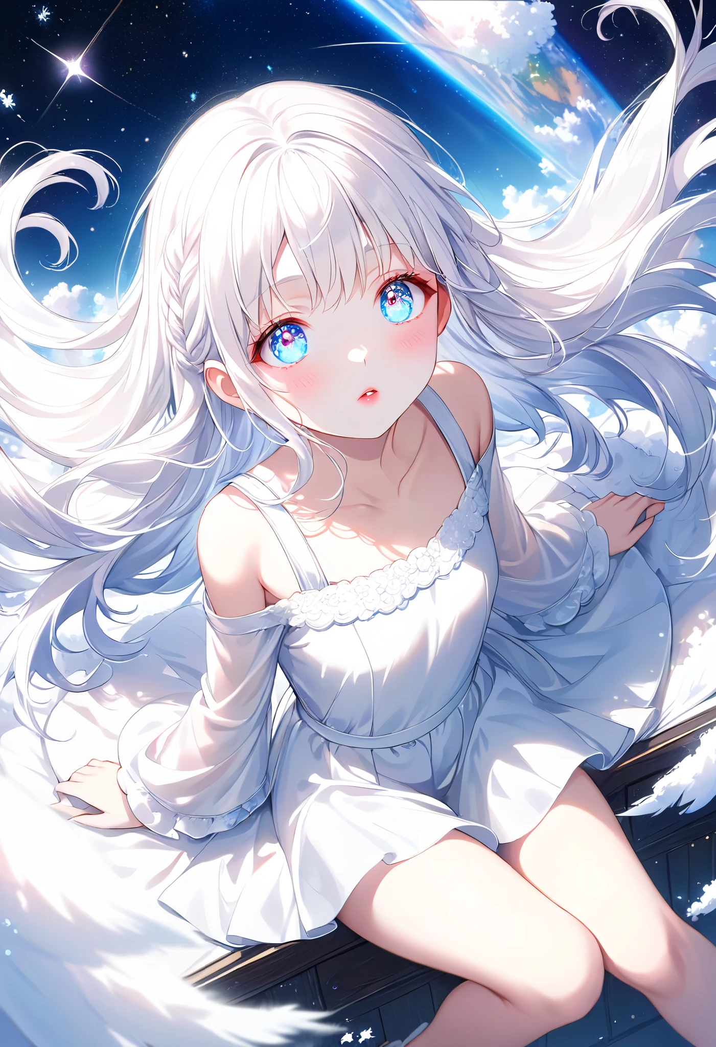 {White Library},Full body, dynamic pose, sitting , View from above, POV, Very realistic scenery, very detailed ,very delicate hair, long hair ,Overall white retouching, white haired girl, white skin, White eyelashes, white eyebrows, pink lips, slightly red cheeks, white one piece, Sparkling background, , fluttering hair ,beautiful light blue eyes, space-like eyes, mystical, fantastical, looking away, beautiful, Light particles, light reflections, fine dust sparkles, fantastic shining scenery, very high quality, real retouching,Very cute, young, very delicate touch, beautiful