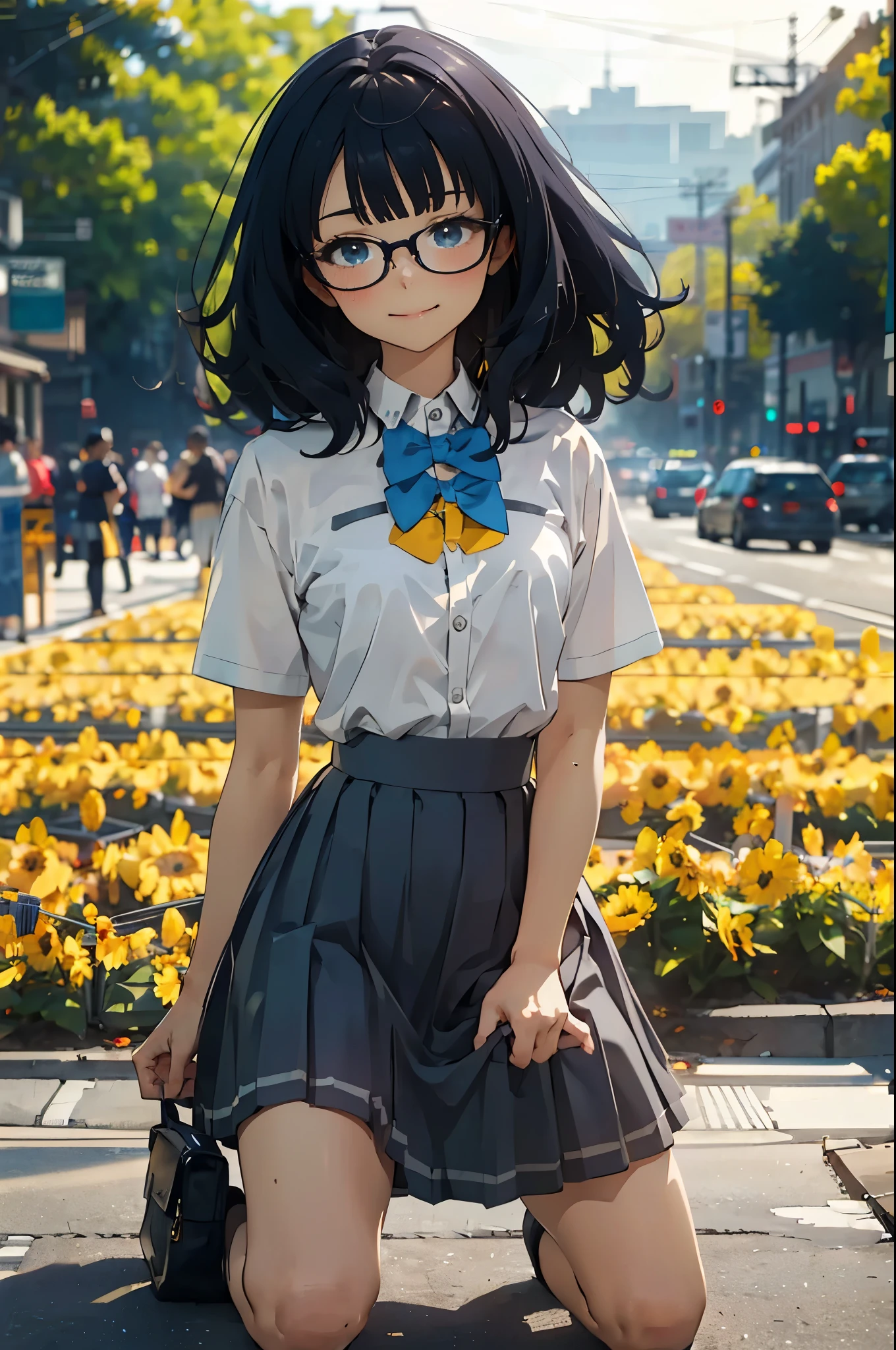 anime - style illustration of a woman in (ultra tiny T-shirt:1.5), (micro pleats skirt:1.5), anime character, official character art, trending on cgstation, e-girl, light brown wavy long hair, full body, female anime girl, glasses, blush, smile, (kneeling Posing:1.5), (fingering masturbation:1.5), in the sunflower field, (lift up skirt:1.5) 