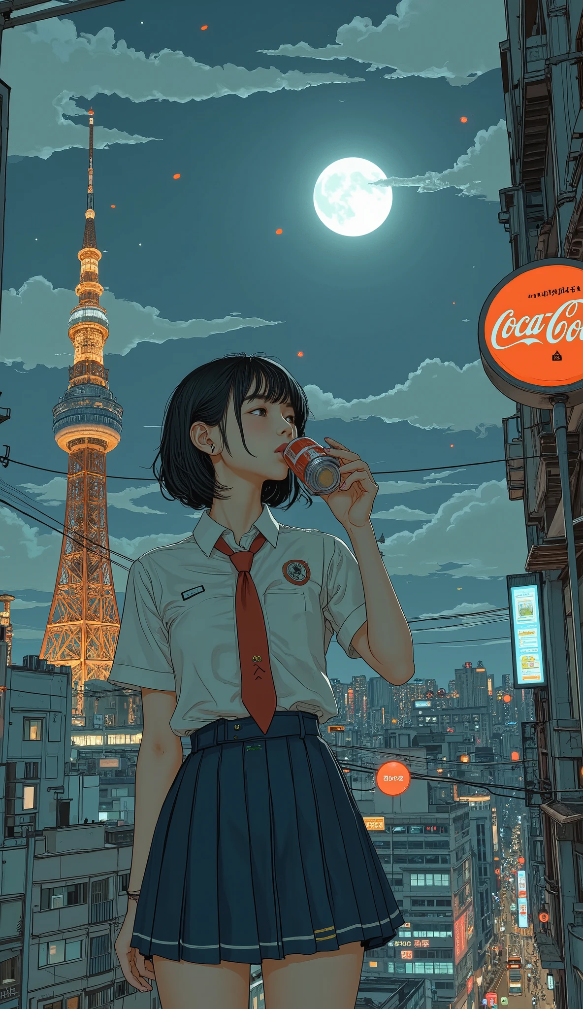  Surrealism ,  Artwork, 8K quality, Girl drinking Coca-Cola, The moonlit city of Tokyo、 Tokyo tower , High school girl riding a scooter, uniform,  Nike Sneakers、 anatomically correct、