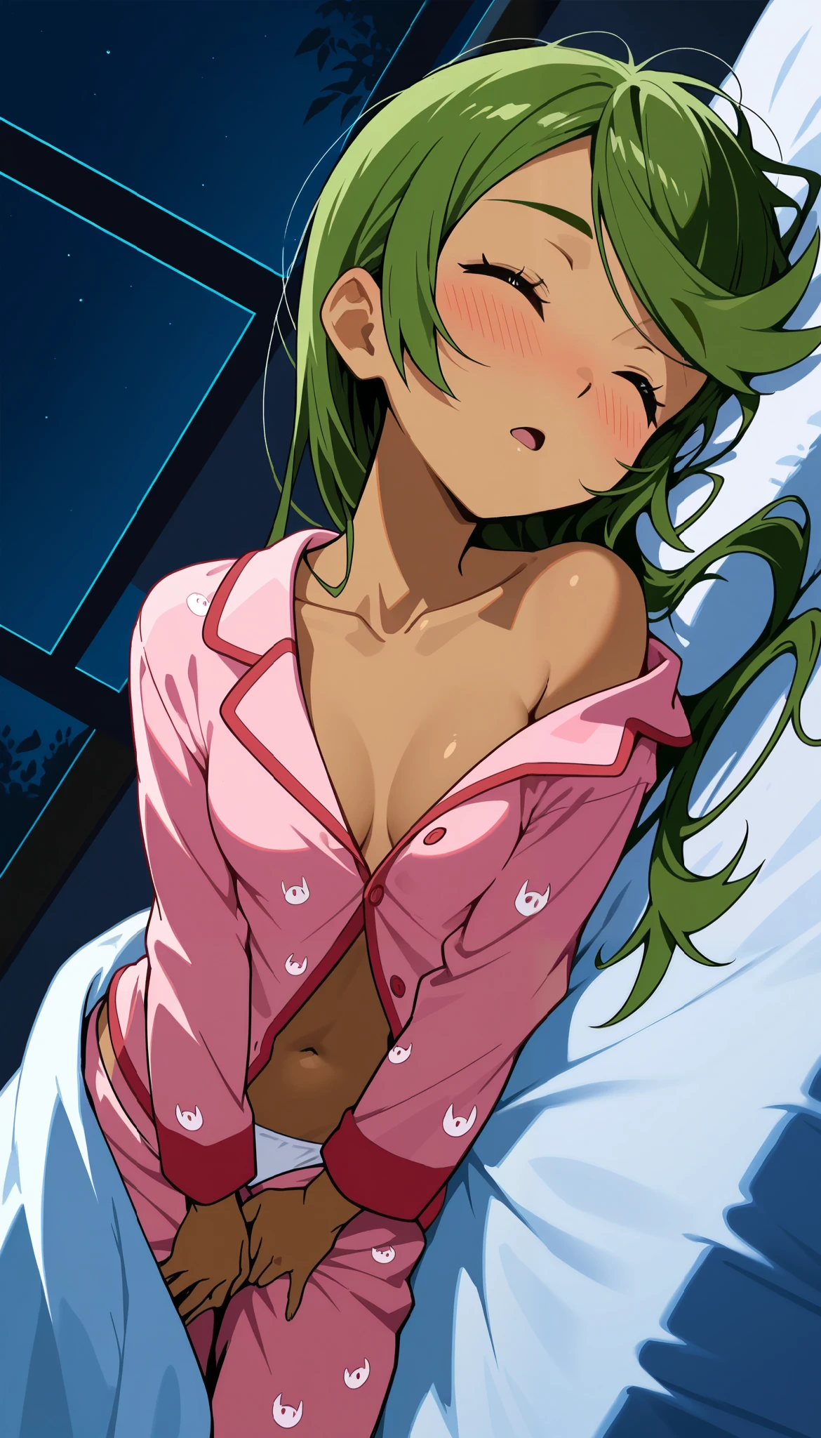 score_9, score_8_up, score_7_up, source_anime, mallow, 1girl, solo, long hair, hair down, , closed eyes, green hair, dark skin, dark-skinned female, lovely small breasts, swept bangs, mallow (pokemon), a troubled face, open mouth, looking up, head tilt, nose blush, blush, collarbone, pink silk pajamas, loose tied pajamas, single bare shoulder, navel, white panties, indoor, bedroom, night time, lying on bed, from side, blanket, in the blanket, disheveled hair, disheveled clothes, disheveled body, hands  on own  pussy, knees bent, Dutch angle.
