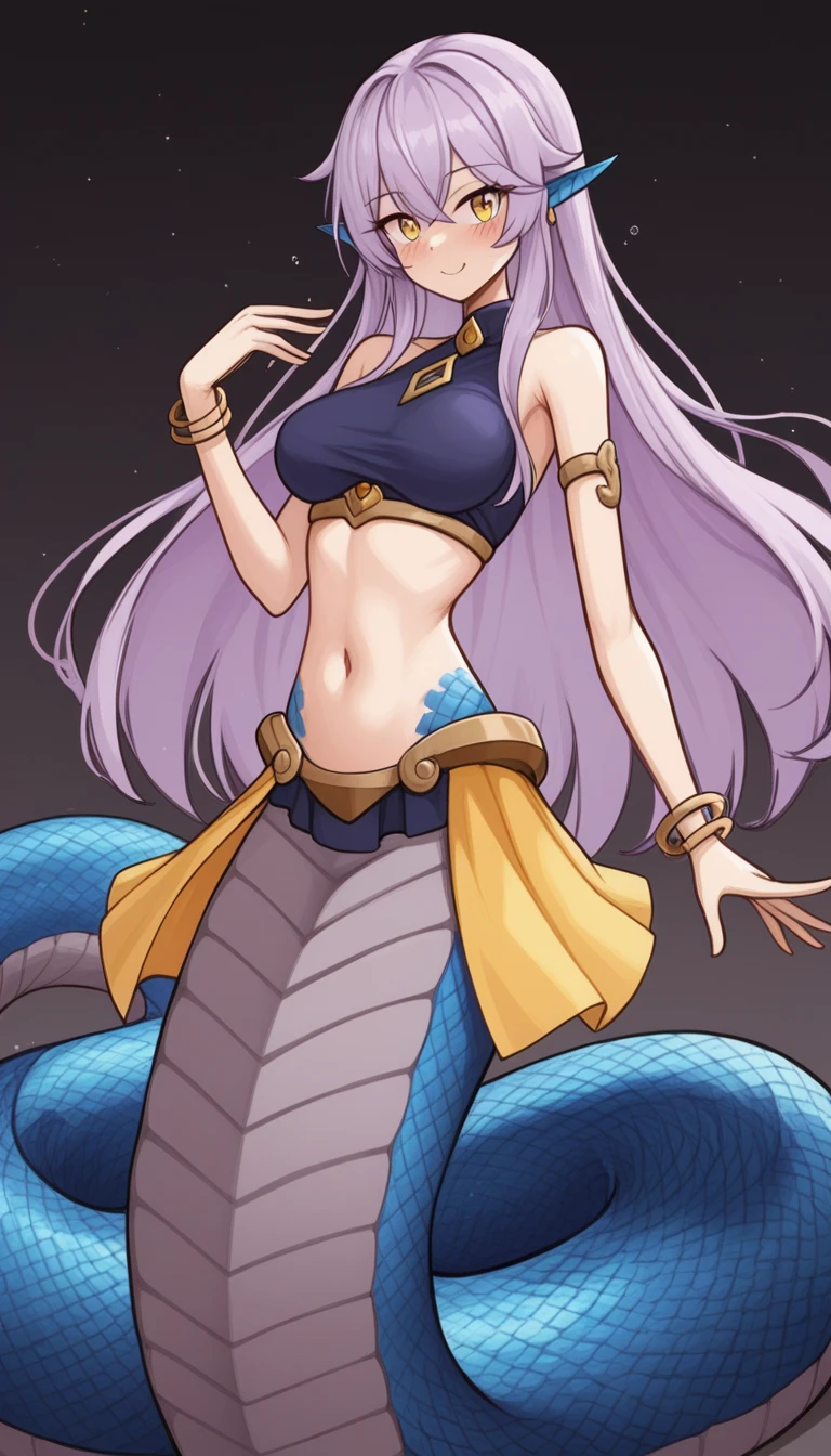 (lamia:1.2), scales,

full body, 


 1girl, :d, animal hug, purple hair, purple scales, long tongue, open mouth, purple eyes, grey background, highres, dark skin, caramel skin, female focus, one eye closed, smug, solo, upper body, yuji \(fantasia\)