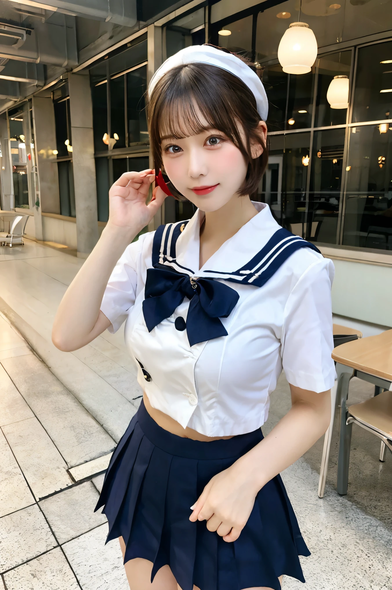 one person、whole body photos、Blonde、high school girl、Yellow and red checked sailor suit、Cleavage、Green mini skirt、fun、、Blonde、whole body、slender、woman、White drool coming out of the mouth、Twin tails、 Fair skin,Super cute、Soft and Face、Brown Hair、8K resolution、Surreal、Ultra high definition、 Soft Body、A-cup small breasts((Highest resolution、8k、masterpiece:1.3))、Ultra-fine face、Ultra Fine Lips、Beautiful Eyes、double eyelid,Slender figure、I can see your thighs、Shapely small breasts、Light blue wall