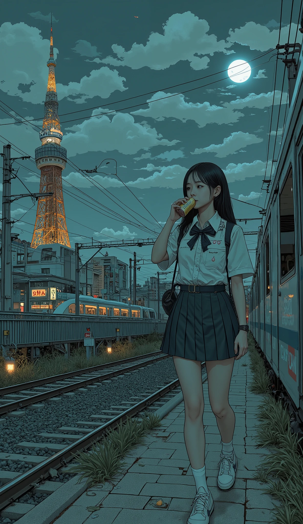 Surrealism , Artwork, 8K quality, Girl drinking Coca-Cola, The moonlit city of Tokyo、 Tokyo tower , High girl walking along a narrow path beside a railroad, uniform, Nike Sneakers、Yamanote Line trains passing by、 anatomically correct、