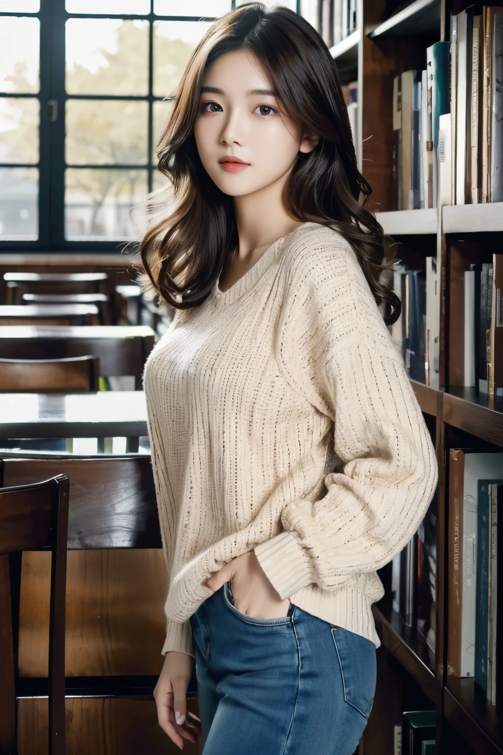 ((Masterpiece, high resolution, ultra detailed, 8k)), 1 girl, graceful, soft skin, perfect face, perfect eyes, brown hair, curly hair, wearing casual outfit, slim body, pale skin, good pose, in the library center