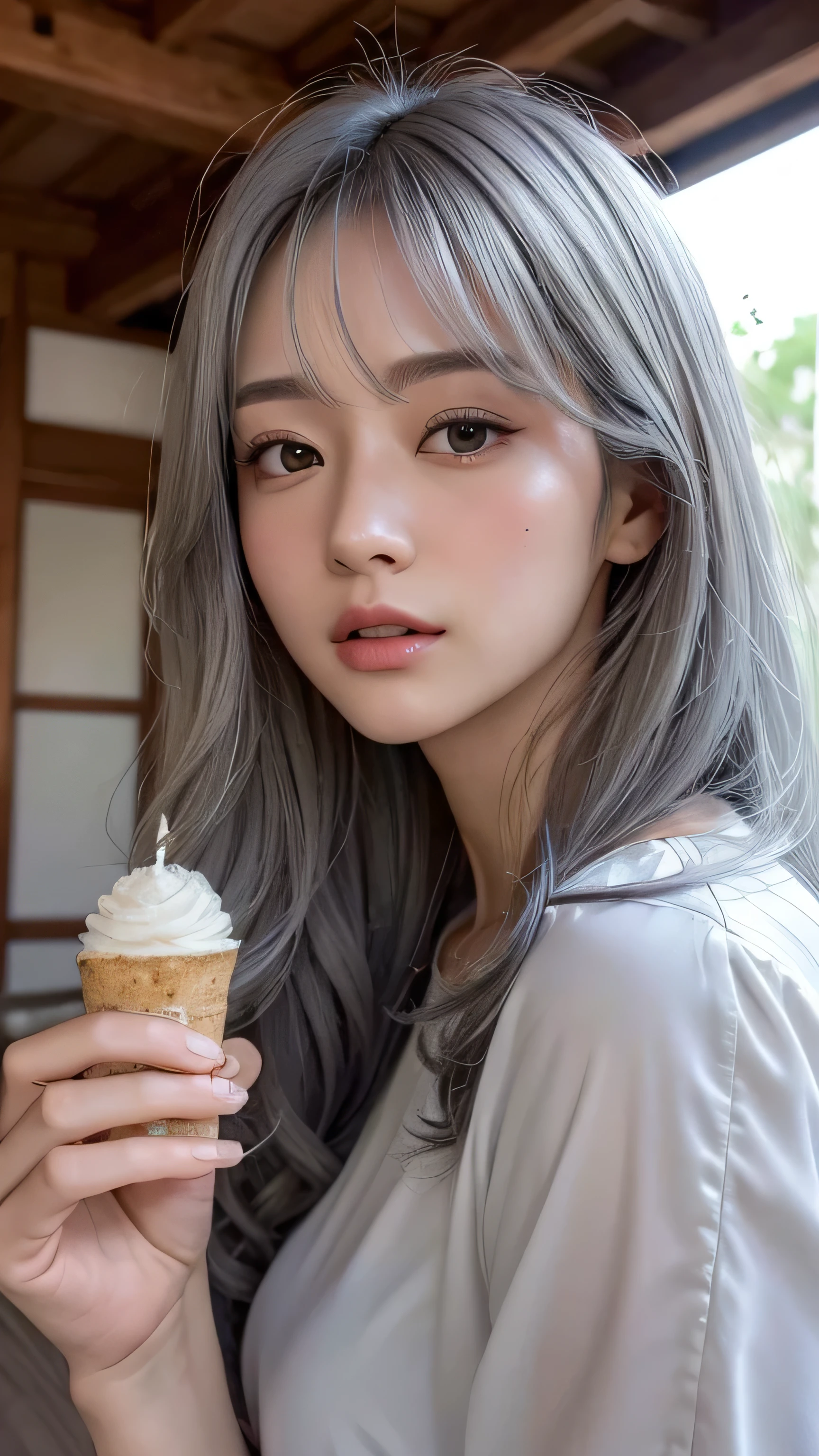 Araffe with long gray hair eating a cookie and looking at the camera, cabello rizado plateado, Cabello gris turbio, Cabello largo gris claro, Hermosa Delphine, Retrato realista kawaii, Sakimichan, Cara de Ahegao, maquillaje popular de Corea del Sur, ulzzang, Chica Cabello Plateado, Cabello blanco rizado, Ahegao, cabello plateado rizado, Dulce conejita ultrarrealista
