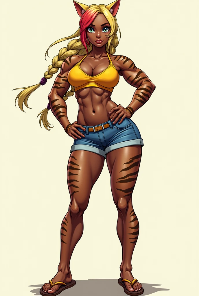 Heroine Very muscular woman body builder body of a professional fighter athletic great physical attributes dark skin with tanned tiger spots she has sun marks from her bra and thong panties in Vê, She is blonde with long hair with a single red fringe and has two long braids and cat ears., It has eyes of two different colors, the left one is pool blue and has a pool blue sclera, the right one is yellow and has a yellow sclera, both eyes have a cat's pupil, She is wearing very typical Brazilian clothing, a women's tank top, denim shorts and flip-flops.. Artstyle Vtuber