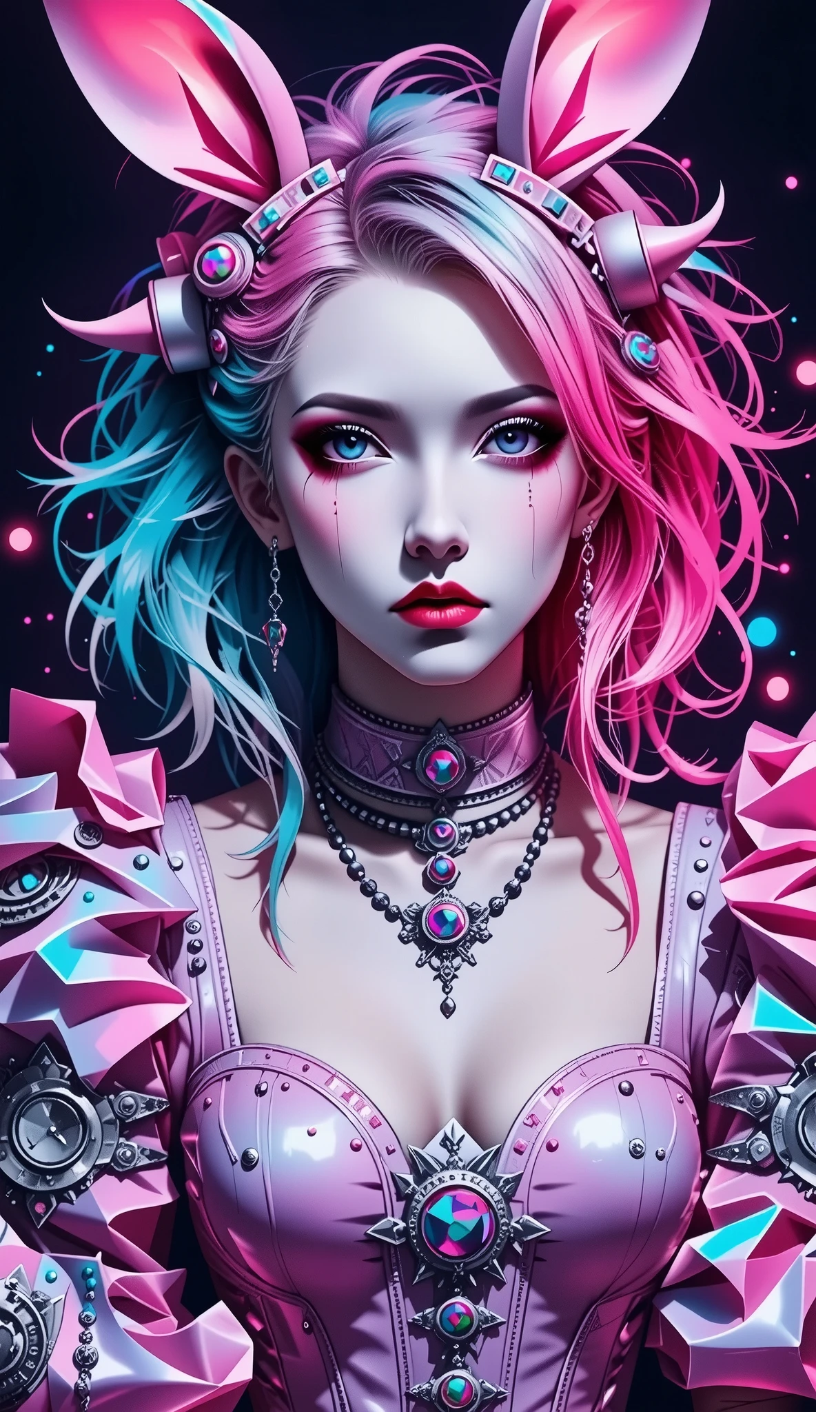 (masterpiece, top quality, best quality, official art, beautiful, cosmic, atmospheric, psychedelic, dreamlike and aesthetic, swirling psychedelic cosmic graffiti patterns:1.2), (1girl), extreme detailed,(fractal art:1.3),colorful,highest detailed, "(Best Quality, 8K, 32K, masutepiece:1.3), Ultra-detailed, (Photorealistic:1.4), pink and white colors, perfect color scheme, albino, Punk rock Girl, Detailed moonlight eyes, full body portrait, Luxurious neon white punk hair, Edgy Harajuku-inspired punk rock fashion, super huge enormously gigantic tits, cleavage showing, Avant-garde makeup, Numerous piercings, Heavily tattooed body, swirling psychedelic cosmic dreamlike graffiti pattern background