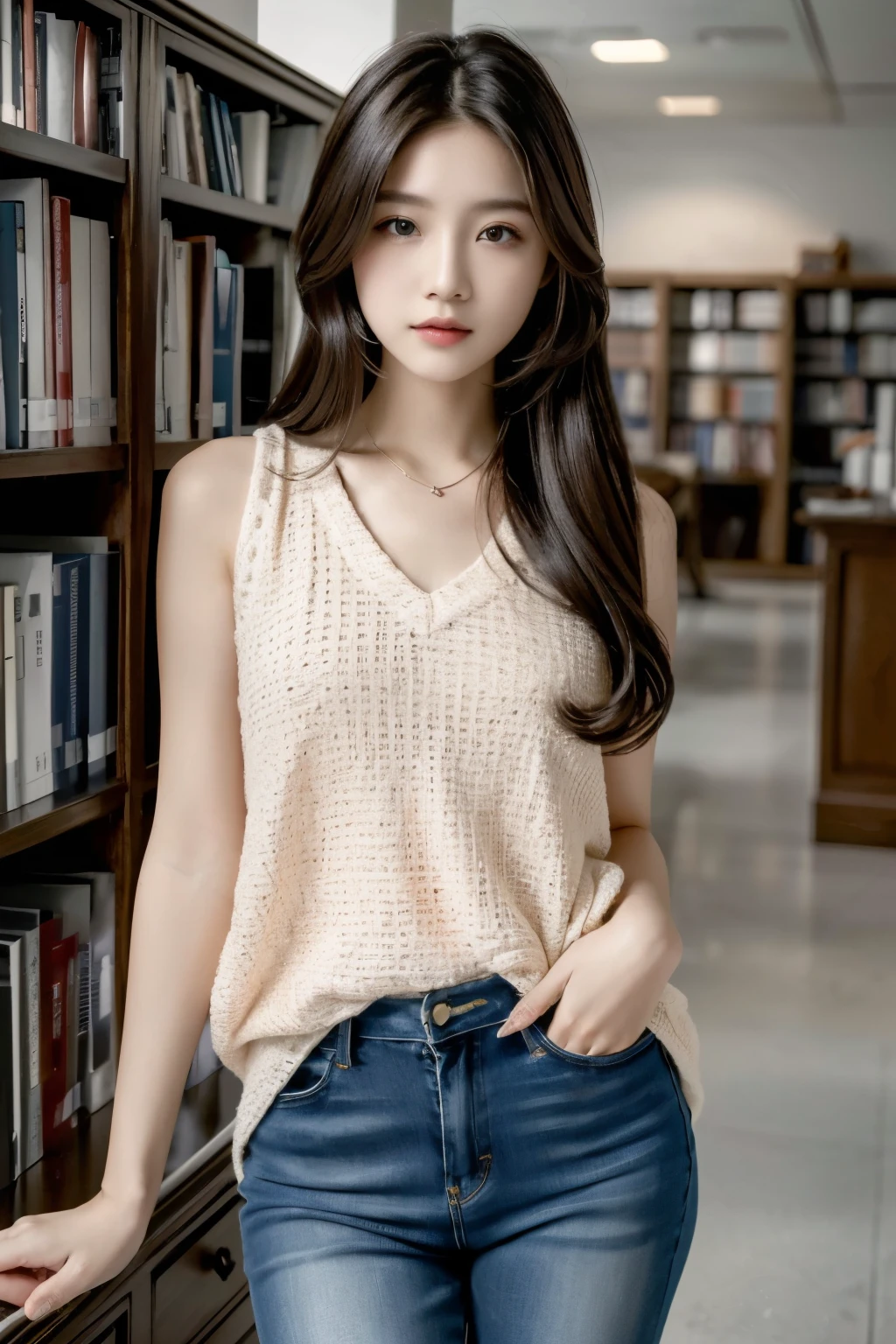 ((Masterpiece, high resolution, ultra detailed, 8k, raw photo)), 1 girl, graceful, soft skin, perfect face, perfect eyes, brown hair, long hair, wearing casual outfit, slim body, pale skin, good pose, in the library center