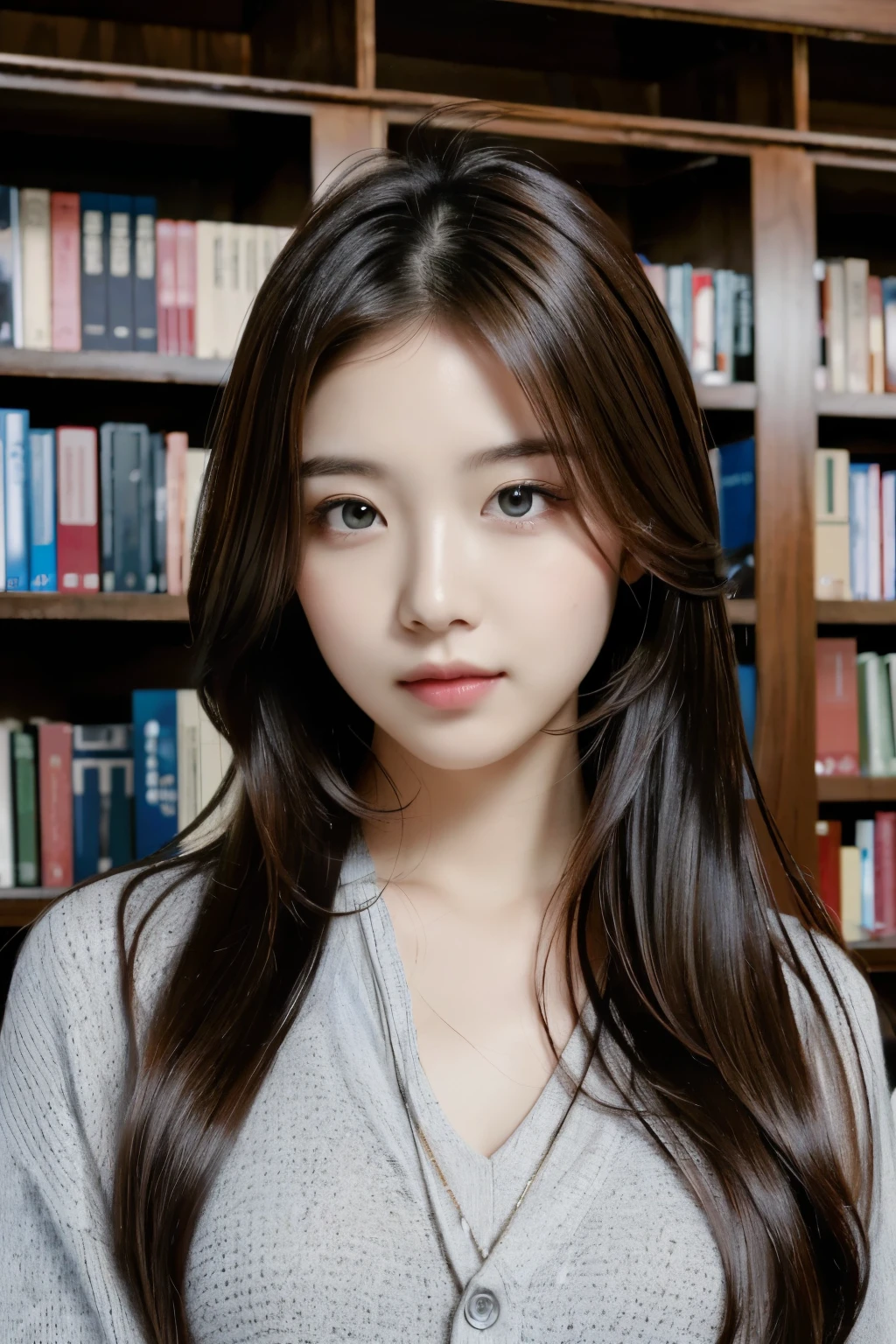 ((Masterpiece, high resolution, ultra detailed, 8k, raw photo)), 1 girl, graceful, soft skin, perfect face, perfect eyes, brown hair, long hair, wearing casual outfit, slim body, pale skin, good pose, in the library center