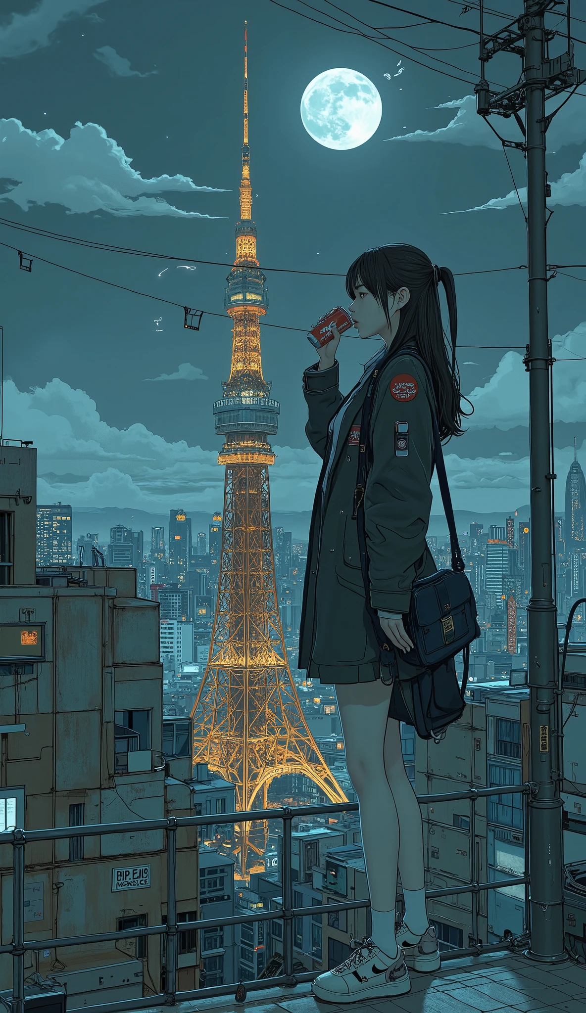  Surrealism ,  Artwork, 8K quality, Girl drinking Coca-Cola, The moonlit city of Tokyo、 Tokyo tower , High  girl standing in front of 7-Eleven, uniform,  Nike Sneakers、 anatomically correct、