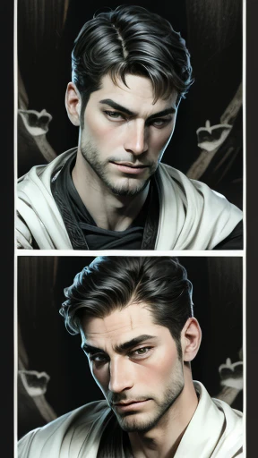 (((Masterpiece, high resolution, Top Quality )))、 ( Black and White、A comic where a handsome man makes you happy in 3 scenes)