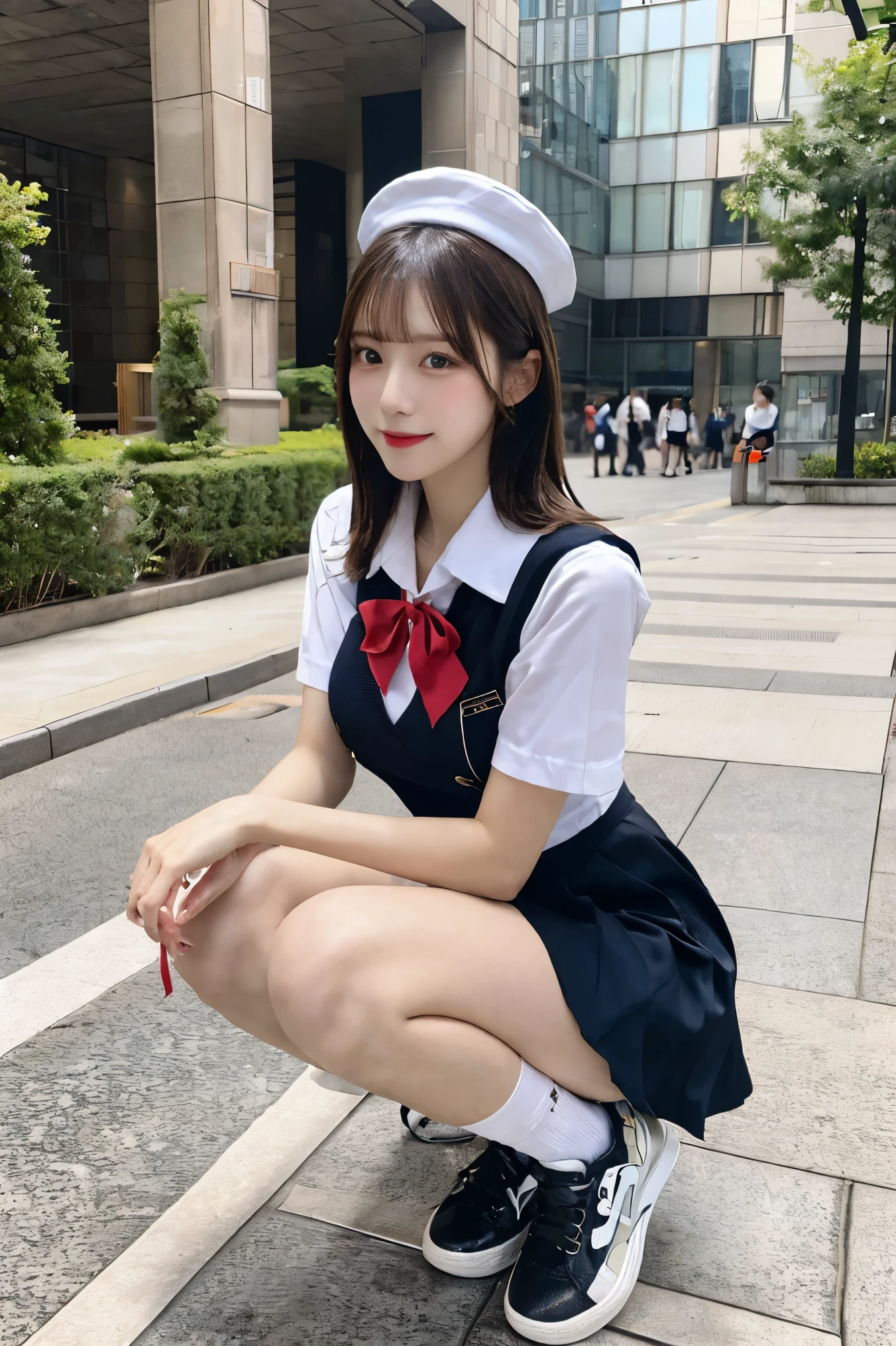 mix4, (8K, Raw photography, Top image quality, masterpiece: 1.45), (realisitic, Photorealsitic: 1.37), one girls, cute little, A city scape,, profetional lighting, photon maping, Radio City, physically-based renderingt, Gradient black hair,, a handsome, girl with, (((student clothes、Sailor suit with two collar lines、a miniskirt、There are no stripes on the tie、Black knee-high socks、Black Loafers Leather Shoes))), Top Quality Photos, hight resolution, 1080p, (clearface), (Detailed face description), (Detailed hand description), (masterpiece), (Exquisite CG)、extreme light and shadows、dishevled hair、master work、abundant detail、(Fine facial features)、(top quality photo)、(masuter piece)、(A detailed eye)、Look in front of you、Fine clavicle、((Slender big))、((White beret)))、((Cute idol system))、((School Grounds))、(Shooting from random perspectives)、(((Anyway cute)))、耳Nipple Ring、A big smile、Drawing the whole body from the knees、Do not draw nasolabial folds、(((Holding a leather student bag in both hands)))、Big breasts that stand out from the top of clothes、