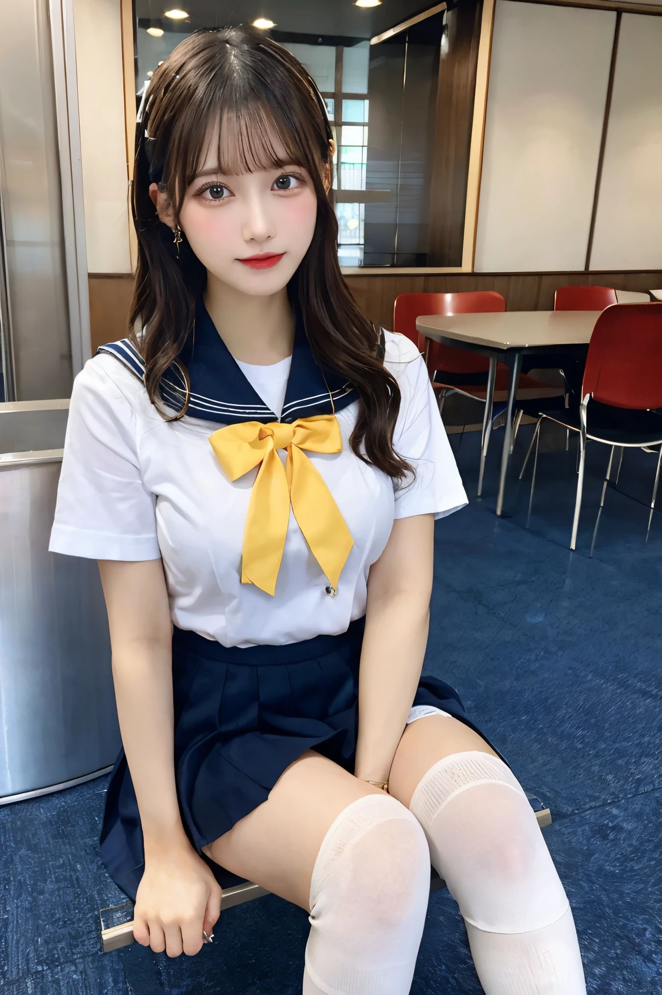 (extremely details CG、Unity、8K Wallpapers)、(extremely delicate and beautiful)、(​masterpiece)、(top-quality:1.0)、(超A high resolution:1.0)、beautiful  lighting、perfect lightning bolt、realistic shadow、[hight resolution]、Detailed skin、ultra-detailliert、detailed faces and eyes、Realistic eyes、Sharp pupils, Inside the classroom、School、beauitful face、blurry backround、((16-year-old beautiful girl、shiny white skin))、Side Up、Beautiful black hair、Blunt bangs、a sailor suit、Pleated miniskirt、Gentle smile、NSFW, ((masutepiece, Best Quality)), (Shiny skin), (nffsw, 8K Wallpaper, High resolution), Cinematic lighting, Physically-based rendering, Award-winning, highlydetailed skin, extra detailed face, Eyes with beautiful details, Carl Zeiss 85mm F/1.4, (cowgirl position:1.3)), Very cute  old schoolgirl, (Brown hair, stright long hair, I open my eyes, Round face), Big with cleavage, White blouses, ((Lifting the pleated skirt with your own hands:1.3)), (Spread legs, Thigh Focus:Large pubic hair is visible),,