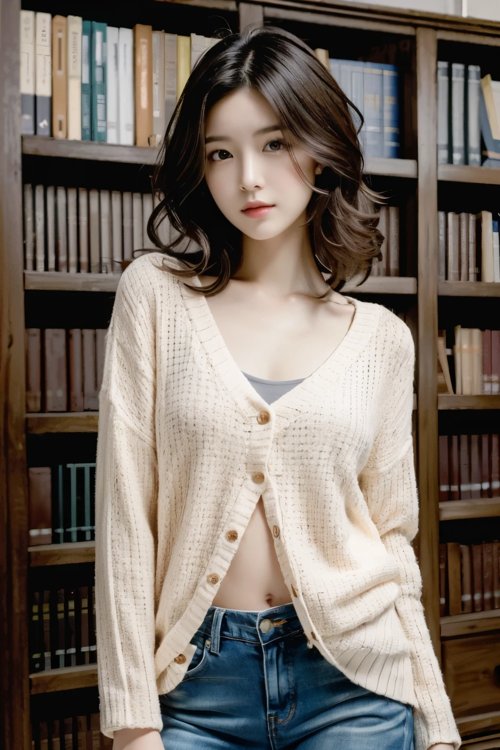 ((Masterpiece, high resolution, ultra detailed, 8k)), 1 girl, graceful, soft skin, perfect face, perfect eyes, brown hair, curly hair, wearing casual outfit, slim body, pale skin, good pose, in the library center