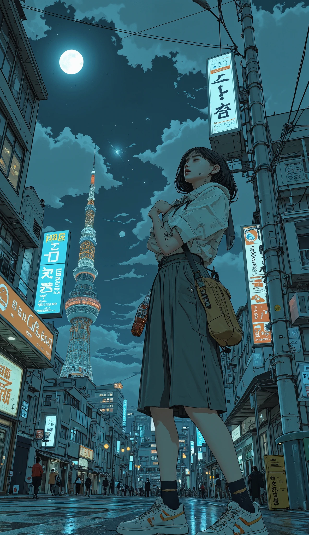 Surrealism , Artwork, 8K quality, Girl drinking Coca-Cola, The moonlit city of Tokyo、 Tokyo tower ,High girl standing in front of Tokyo station, uniform, Nike Sneakers、 anatomically correct、