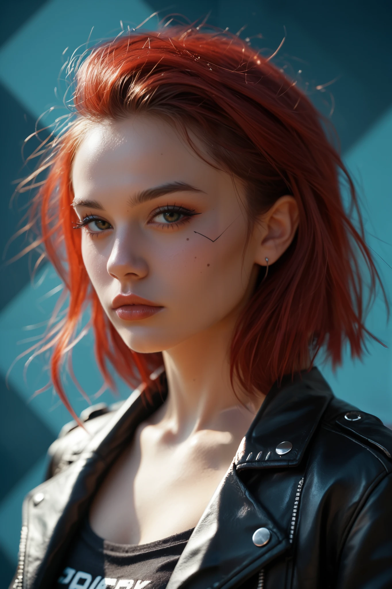  score_9_ up ,  score_8_ up ,  score_7_ up , Abstract,  1 Girl, alone, Age 25,  PERFECT FACE IN DETAILS, Close view ,(adult), sexy,Red Hair, stares at viewers, leather jacket, black crop top,  cyberpunk, portrait photo, beautiful eyes, cowboy shot,  cyberpunk art, portrait,( abstract:1.3),
