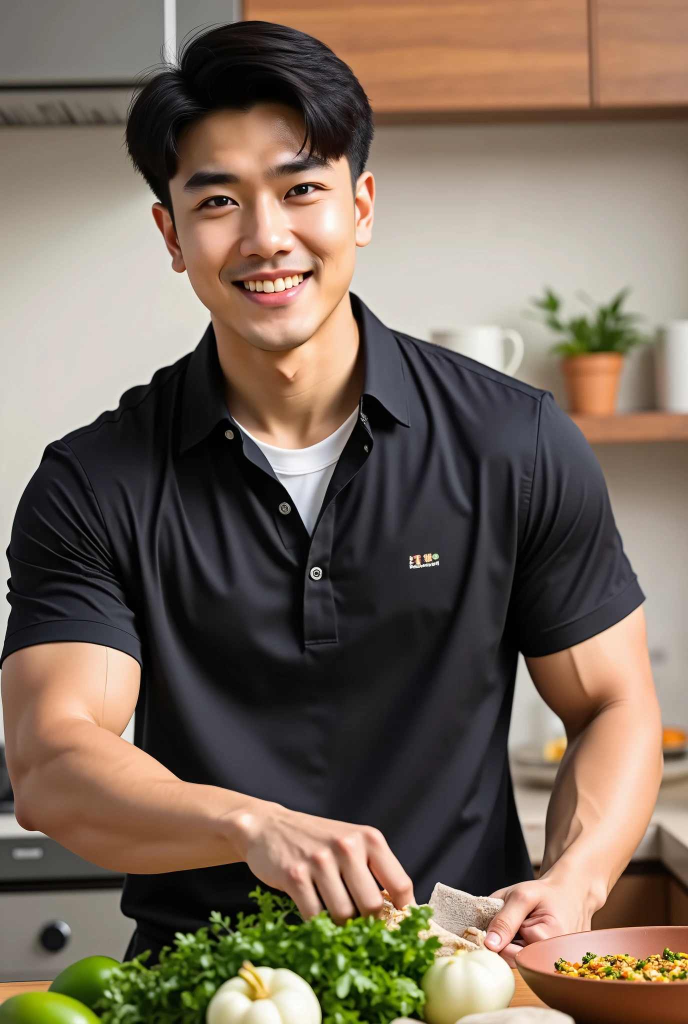 (Create a masterpiece: 1.2),(CGI art:1.3),(realistic:1.5),(After processing:1.3), (Sharp focus:1.3), 1 man, open mouth, smile, (Navy blue round neck shirt:1.3), Navy cargo pants, Korean guy , korean men, (High gloss details), chest muscles, large arm muscles, blood vessel, Big muscles, Broad shoulders, looking at the audience, Balancing the eyes, bedroom