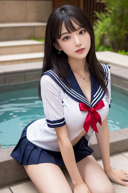 (top-quality:1.1), (​masterpiece:1.4), (absurderes:1.0), portlate, a closeup, 1little girl, Sailor Uranus, KizukiAi,, large full breasts, Aqua Eye, brown haired, Sailor Senshi Uniform, Sailor collar, chest bow, Yellow Ribbon, Appealing skirt, White elbow gloves, in poolside, (red blush:1.2), looking at the viewers, How to take off panties for an erection、Ultra Miniskirt、dynamicposes、(look from down:1.2)、Cameltoe.groin、Navel、Spread legs.NSFW、under the boobs