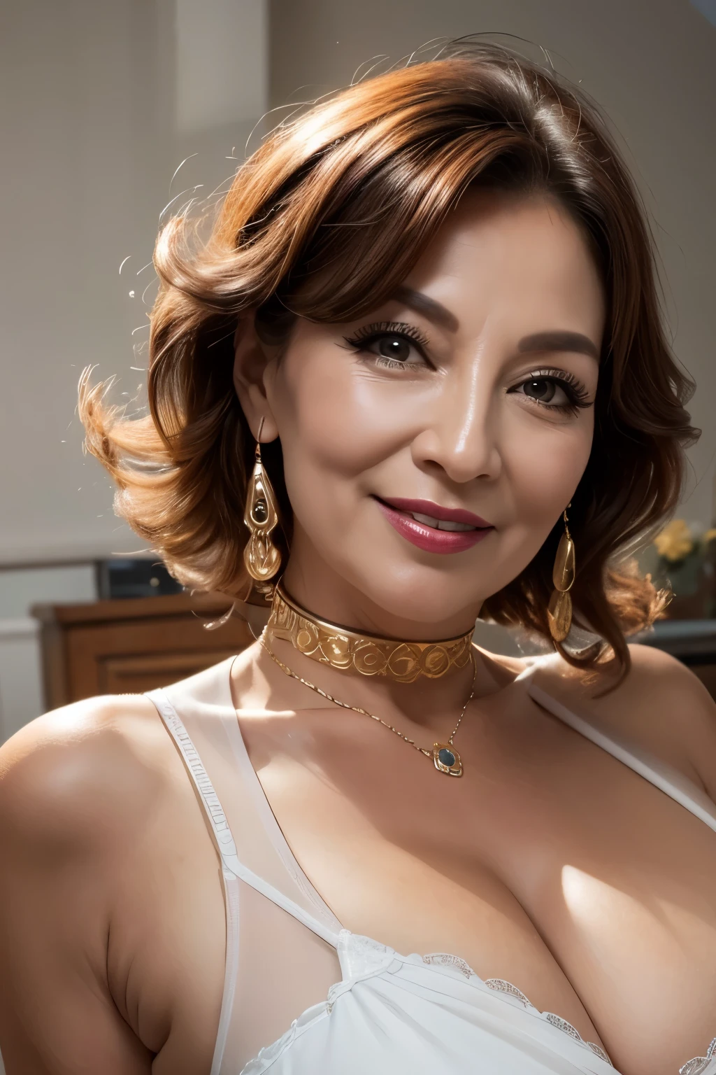 Close up head shot portrait,(best quality,4k,Alto:1.2),ultra-detalhado,Realistic, photo, professional, studio lighting, vivid colors, sharp focus, Physically-based rendering,HDR, extremely detailed eyes and face, beautiful detailed lips, long eyelashes,big massive breasts,(exposed cleavage gold satin shirt :1.3),pokie nipples, Actriz Kitten Natividad, woman 30 years old,auburn hair, Looking at the Viewer