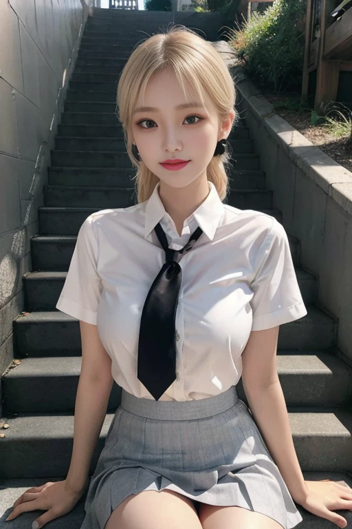 Grey Eyes, Korean , Summer Shirts, Ribbon tie, skirt, Light Blonde, School stairs, going down School stairs, Chest thrust pose, Breast-flaunting pose, 8K Raw Photos, High resolution, Cool Korean 16 year old, Very big round breasts, Beautiful eyes in every detail, Long eyelashes, Beautiful double eyelids, eye shadow, eyeliner, Narrow eyes, Elongated eye shape, Three white eyes, Wicked Smile, Evil look, Beautiful and slim legs, Beautiful and thin thighs, Random Medium Hair, Tie your hair behind your head, Earrings,