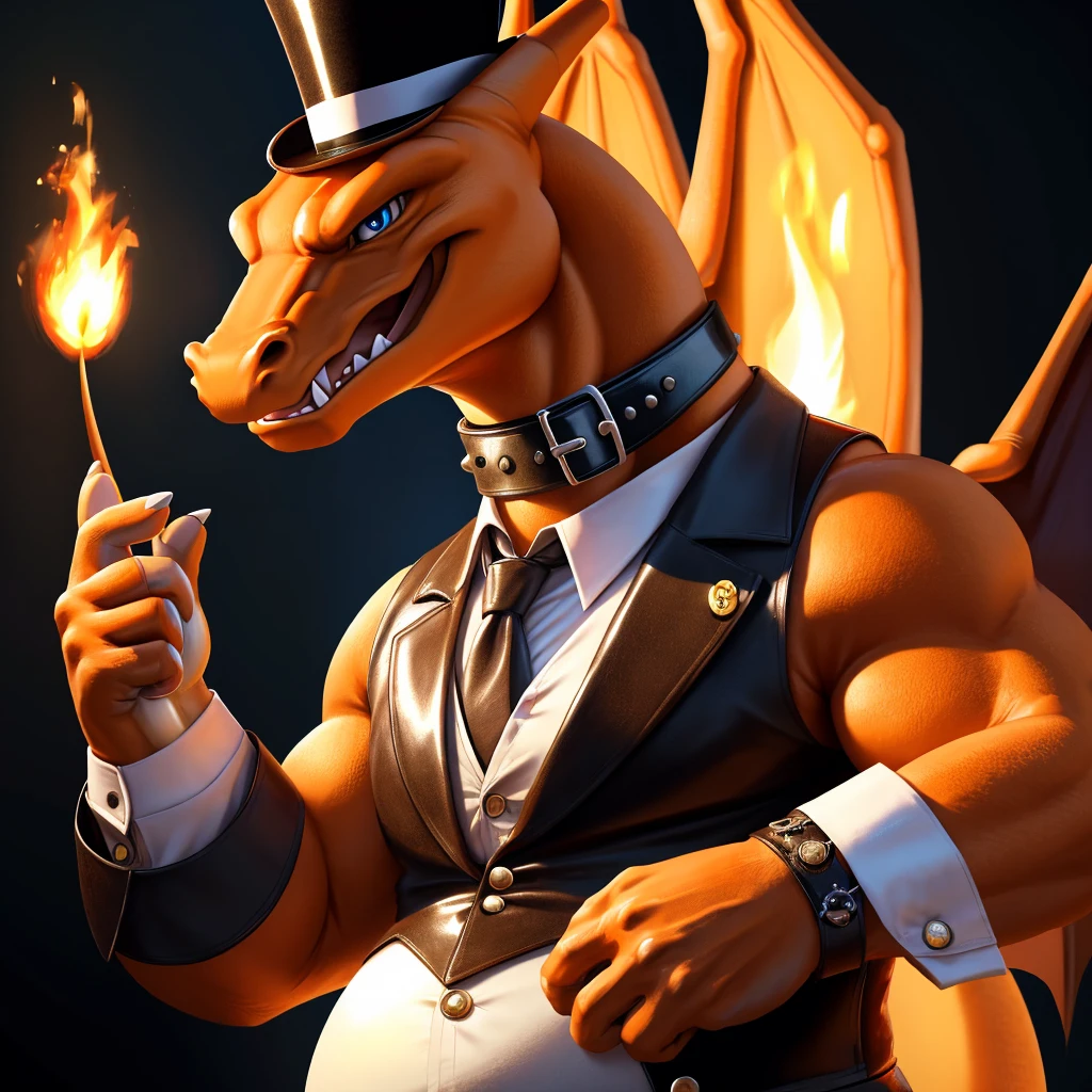 Solo, Male, fat, extremely obese, gentleman, dapper Professor Charizard, blue eyes, (posing:1.3), (soft shading), 4k, hi res, ((detailed face, detailed)), looking at viewer, mouth wide open, steampunk, collared shirt with buttons, top hat, male focus, Explorer Outfit, glasses, monocle, vest with buttons, sleeves rolled up, round eyewear, brown headwear, brown vest, Charizard is wearing a glossy leather dog collar around the neck, Charizard is wearing the leather collar and shirt and vest at the same time, Charizard is wearing glossy white rubber gloves on the hands, wearing white rubber gloves on the feet, gloves are rubber in texture, clenching teeth, clenching fists, leather collar is glossy and shiny with a lot of detail, Charizard is wearing gloves and leather collar at the same time, leather collar has a round dog-tag, leather collar is thick and detailed, leather collar is glossy and shiny, fancy clothing, dapper vest, dapper shirt, leather collar is thick, glossy leather collar.