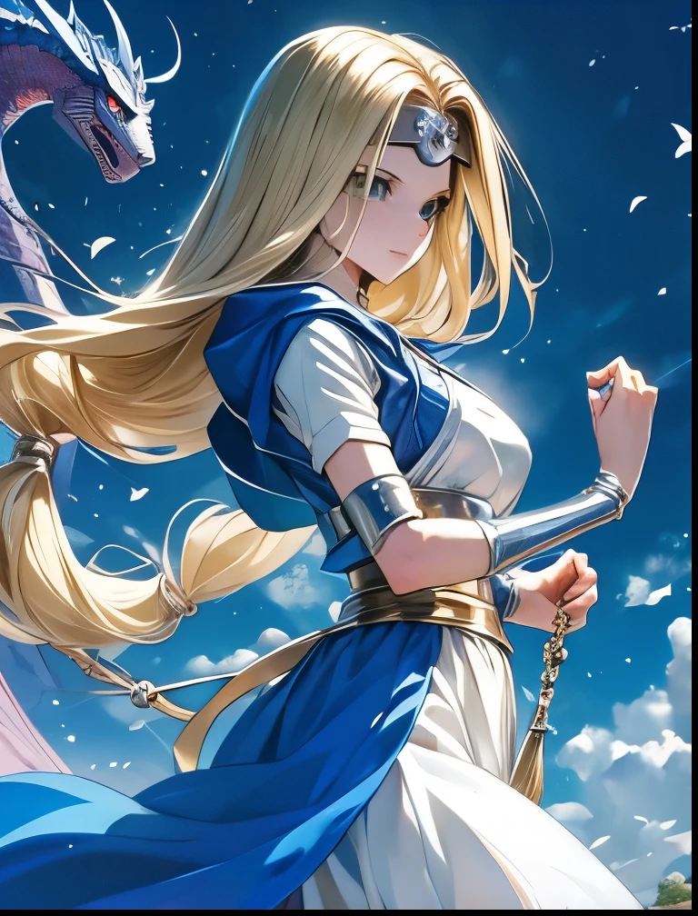 (((SFW、Accuracy、Highest quality、 A first-class masterpiece 、 Normal body 、8k、 detailed color 、 super precision 、 Normal Hands 、5 fingers、Highest)))、" DRAGON QUEST VI "、Mireille、Mireyu、 Blonde、 STRAIGHT LONG HAIR、Big Breasts、 slender、White and blue robes、 CIRCLET 、three-pronged whip