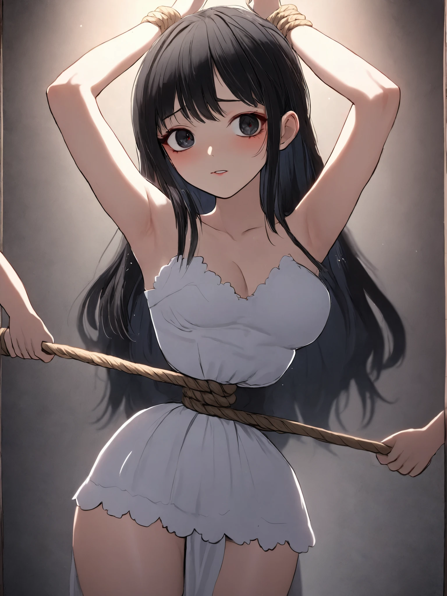 ((anime style ))),(( masterpiece )), (( top quality)), (super detailed ),torture chamber,((( hemp rope tightly tightning around her waist))), cute girl,  1 girl,white shiny lace slip dress ,beautiful black hair,(   beautiful black eyes),long hair,expression of pain 