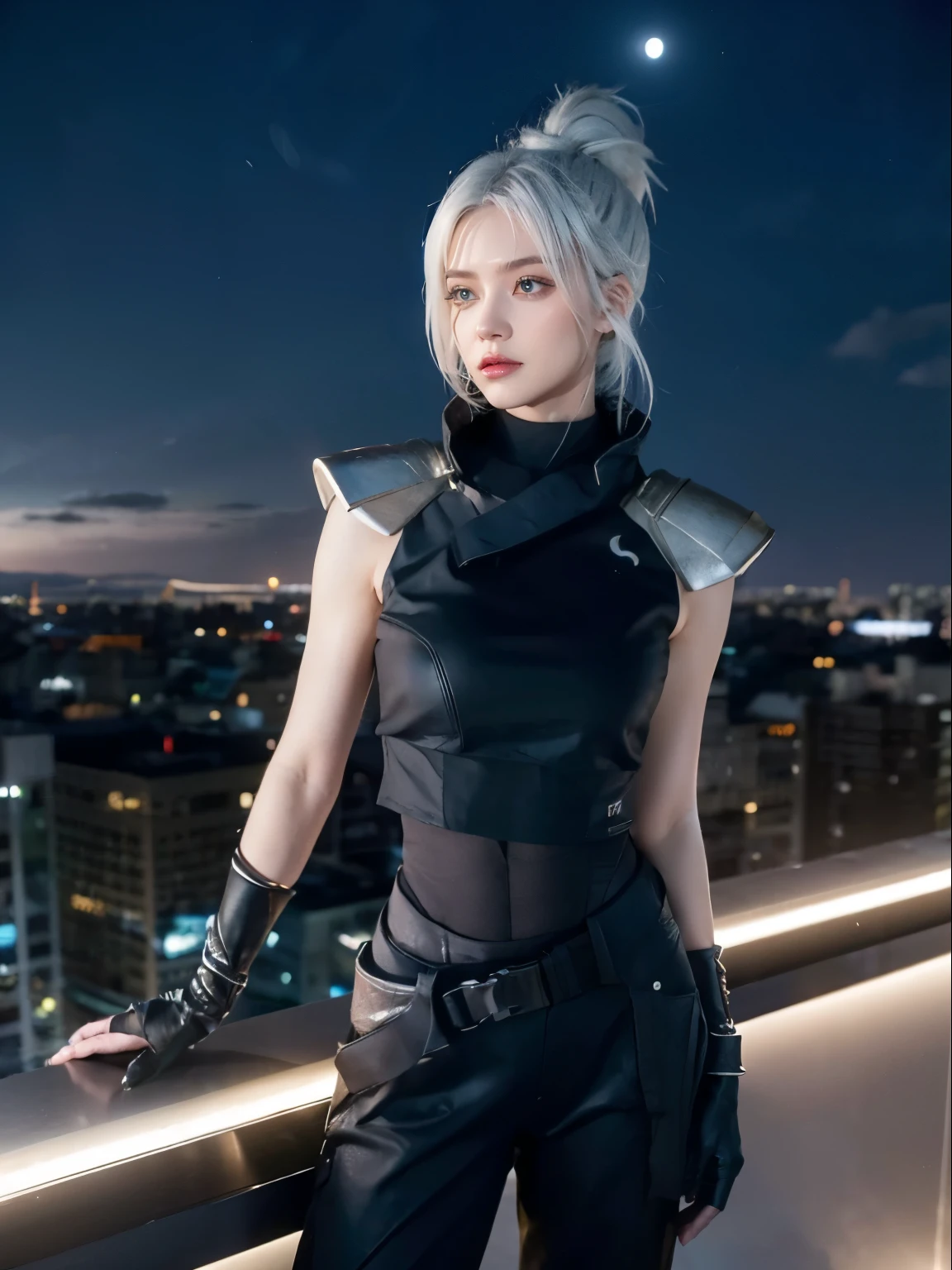 jett, 1girl, black gloves, shoulder pads, black pants, cropped sleeveless jacket, blue eyes, white hair, rooftop, tower, cloud, sunbeam, standing in the night city with moon in the sky